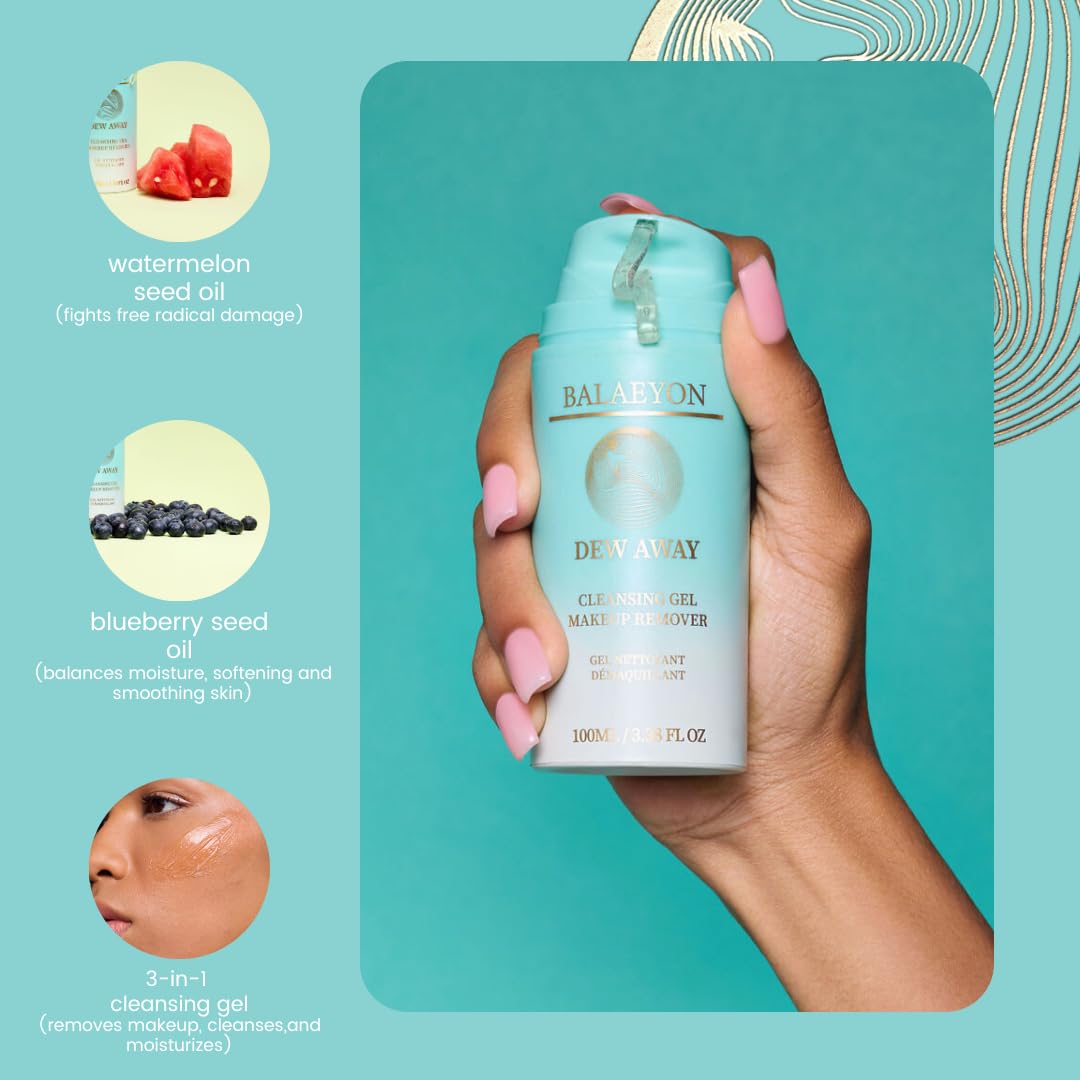 Dew Away 3-in-1 Cleansing Gel Makeup Remover | Waterproof Mascara Remover | Oil-Based Moisturizing Facial Cleanser for Sensitive Skin | All Natural Formula | TSA Approved Travel Size 3.38 fl oz | Perfect for Daily Makeup Removal & Travel Skincare Routine