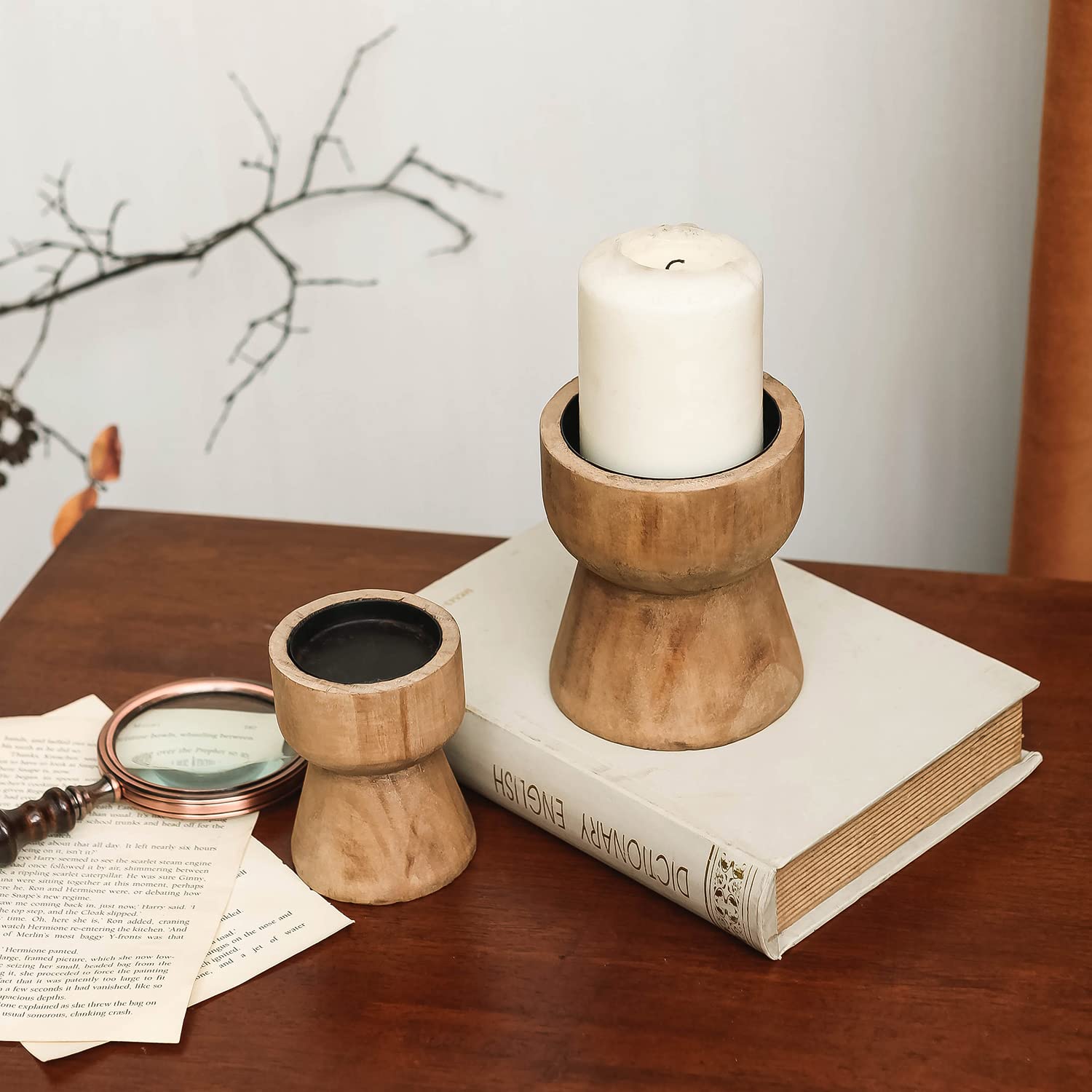 Rustic Wood Candle Holder Set of 2 - Farmhouse Pillar Candlesticks Pedestal for Fireplace Mantle, Coffee Bar, Dining Table Centerpiece Decor | Perfect for Wedding, Christmas, Home Decor & Cozy Ambiance