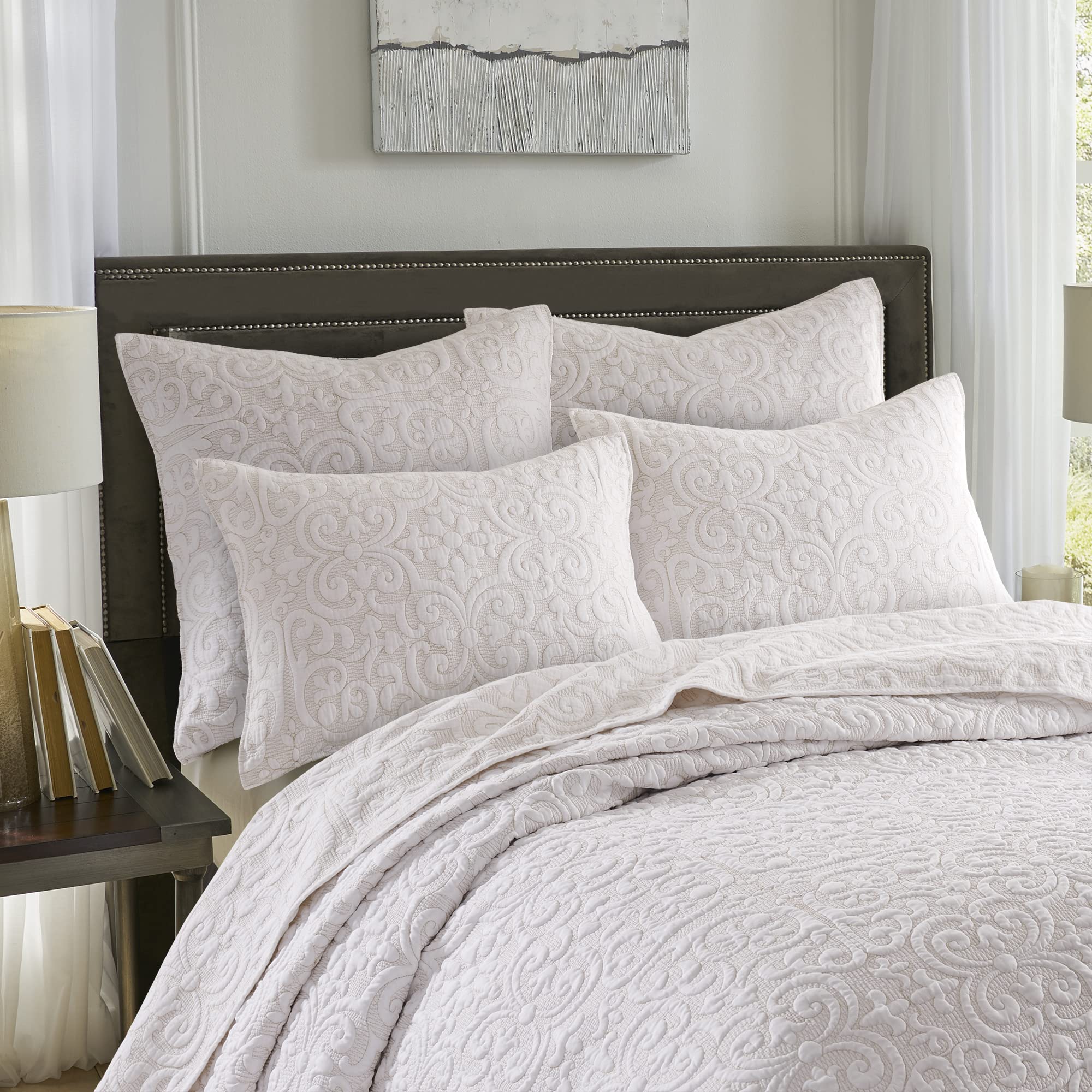 Levtex Home Sherbourne Cream Taupe Stitch Quilt - Twin Size (68x86 Inches) - Reversible Cotton Polyester Blend - Quilted Medallion Design - Perfect for Bedroom, Guest Room & Cozy Home Decor