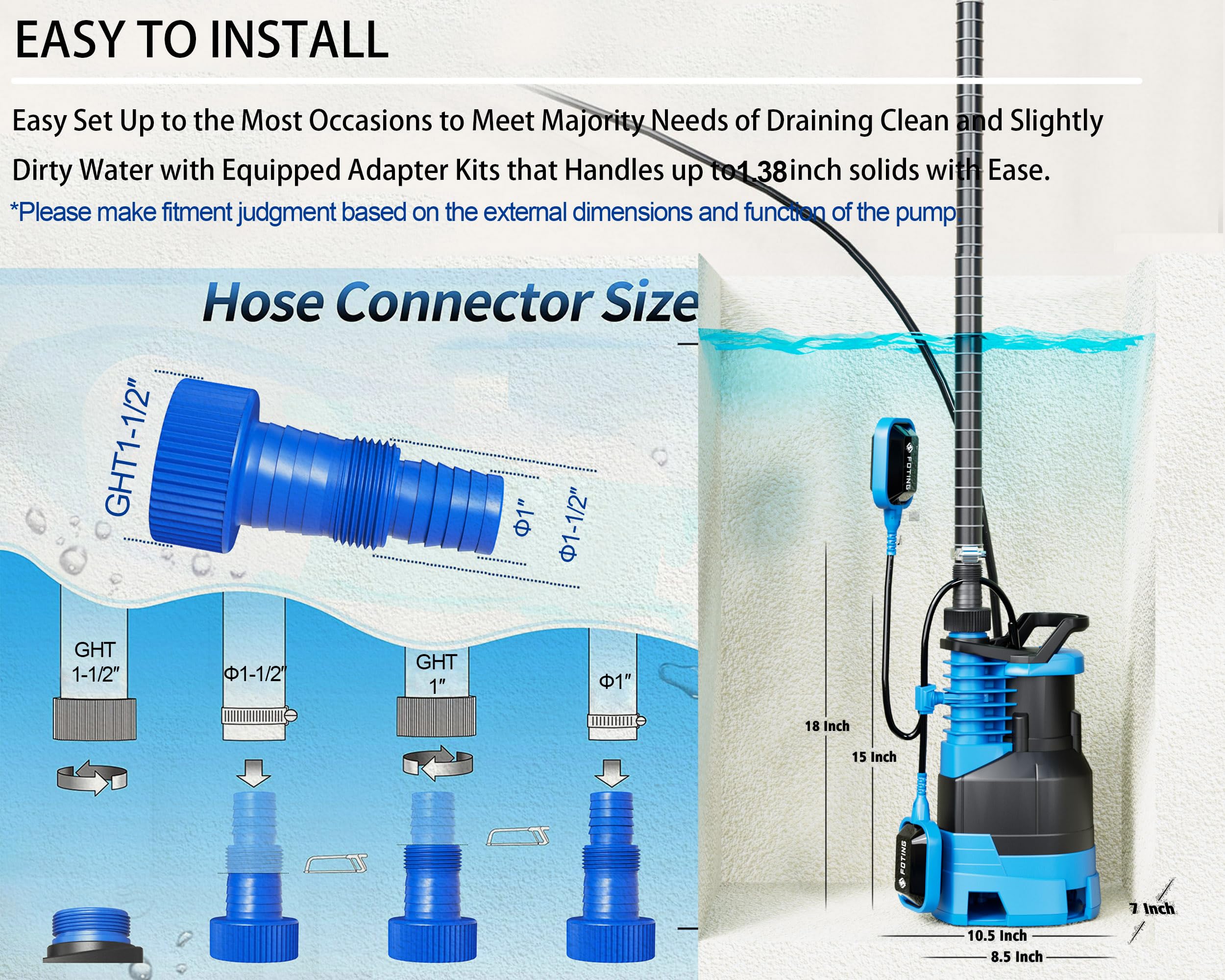 1.5HP FOTING Submersible Sump Pump 5000GPH with Float Switch - Automatic/Manual Dual Mode for Clean/Dirty Water - 25FT Cord for Pool, Hot Tub, Basement, Garden Flooding & Emergency Water Removal