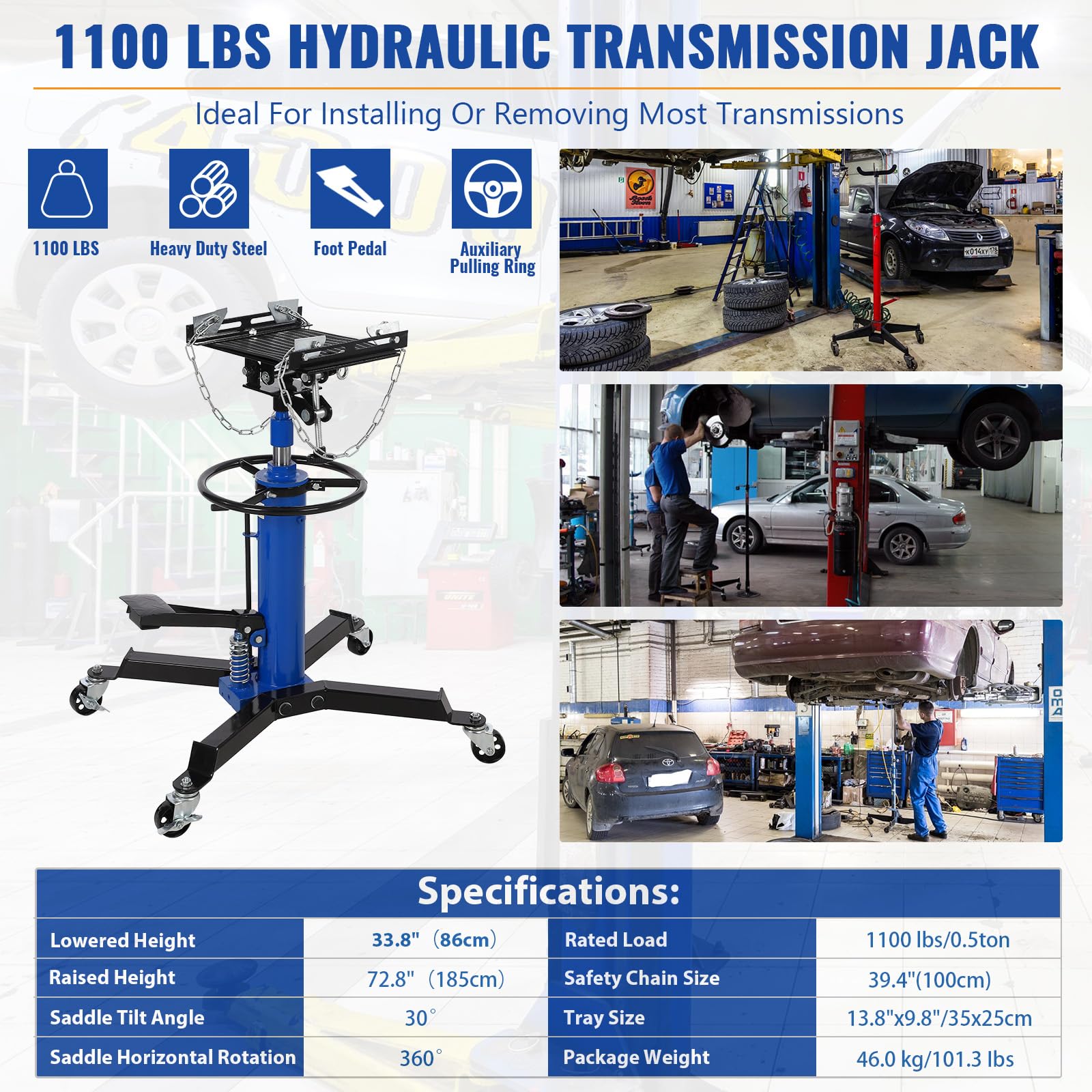 GARVEE 1322lbs Heavy Duty Transmission Jack Lift with Anti-Slip Rubber Pad, Adjustable Telescoping Hydraulic Transmission Jack for Car Repair, High Lift Single Telescopic Jacks Hoist with Foot Pedal (33.8