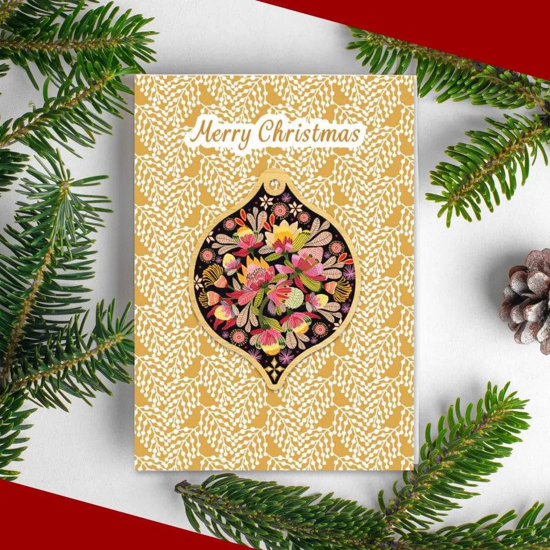 Wild Proteas Christmas Card & Wooden Ornament - Festive Holiday Greeting Card Set with Floral Design for Xmas Tree Decorations & Gift Giving