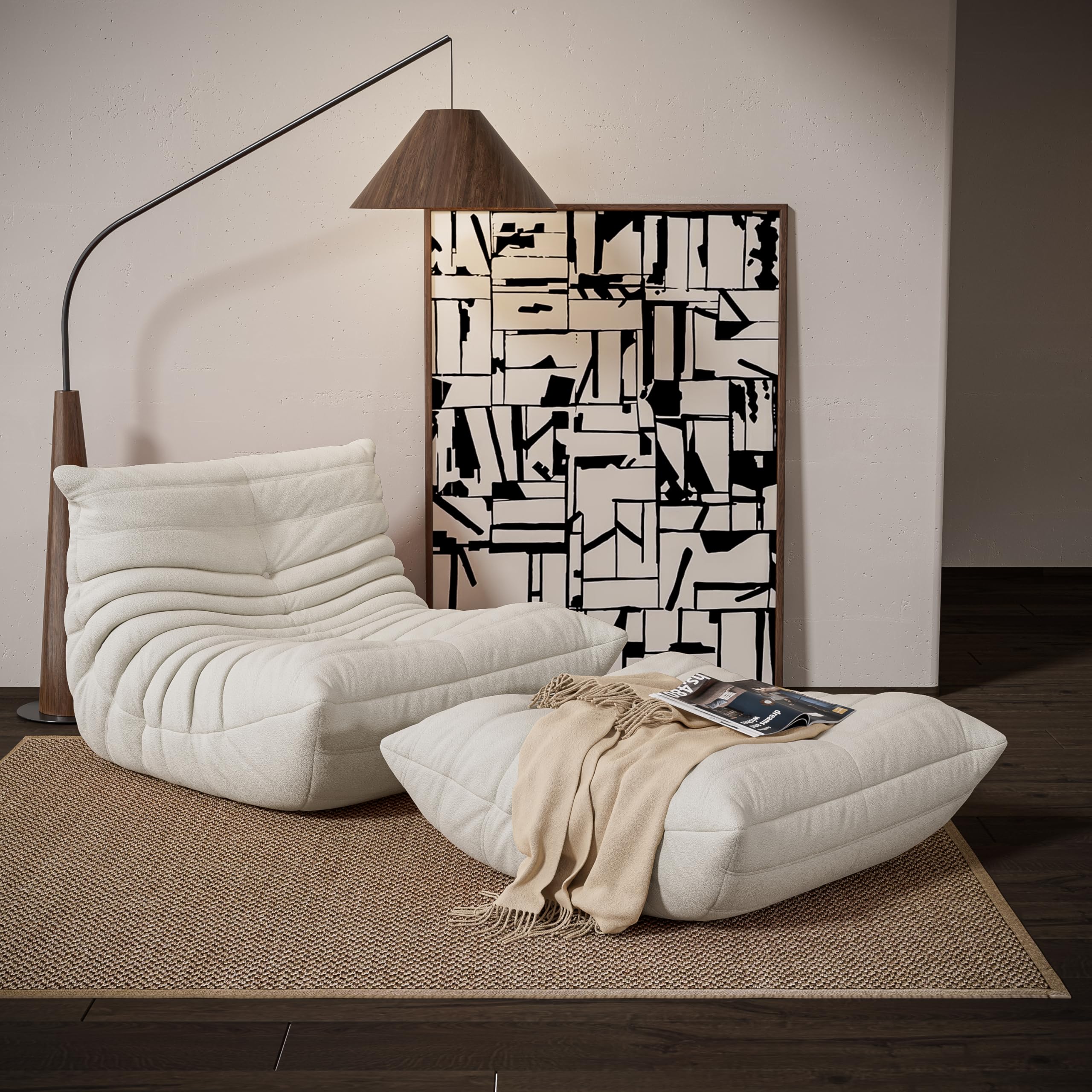 Modern Bean Bag Chair for Adults - Soft Lazy Floor Couch in Mohair White for Living Room & Bedroom