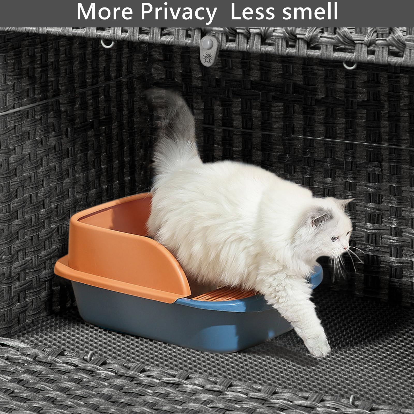 Hidden Cat Litter Box Enclosure Furniture - Large Rattan Pet House with Door for Indoor Cats | Handwoven Washroom Box with Soft Litter Mat | Grey Modern Cat Furniture for Home Decor & Odor Control