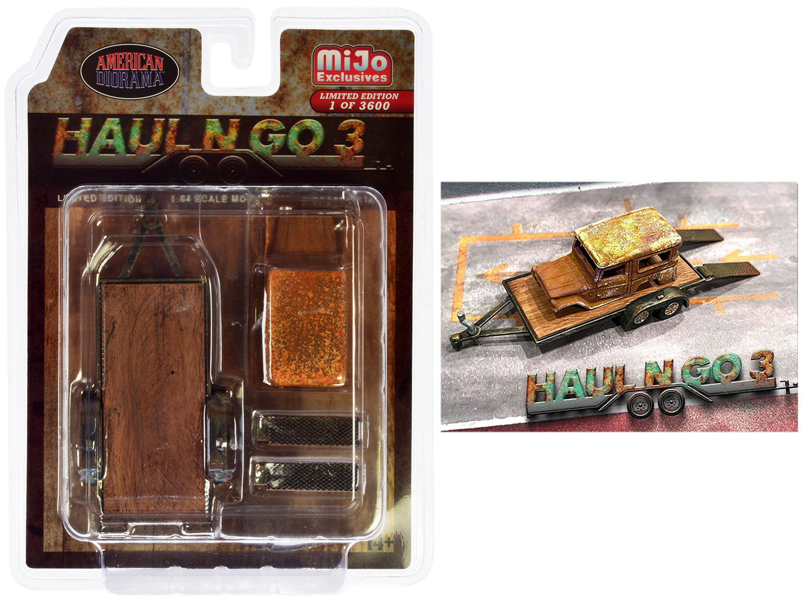 1/64 Scale Diecast Model Set - Haul N Go 3 Piece Collection (Flatbed Trailer, Abandoned Car & 2 Ramps) Limited Edition of 3600 Worldwide by American Diorama - Perfect for Diorama Displays, Model Car Collections & Train Set Scenes