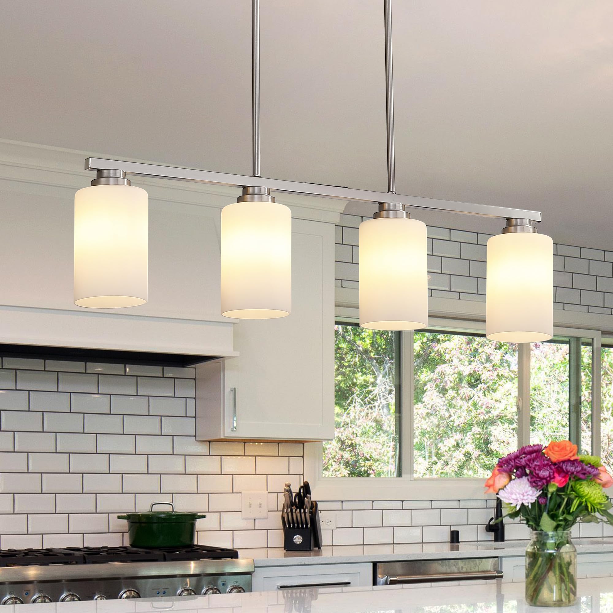 Brushed Nickel 4-Light Linear Chandelier with Milk Glass Shade - Modern Pendant Lighting for Kitchen Island, Dining Table & Living Room | Perfect for Farmhouse, Contemporary & Transitional Home Decor