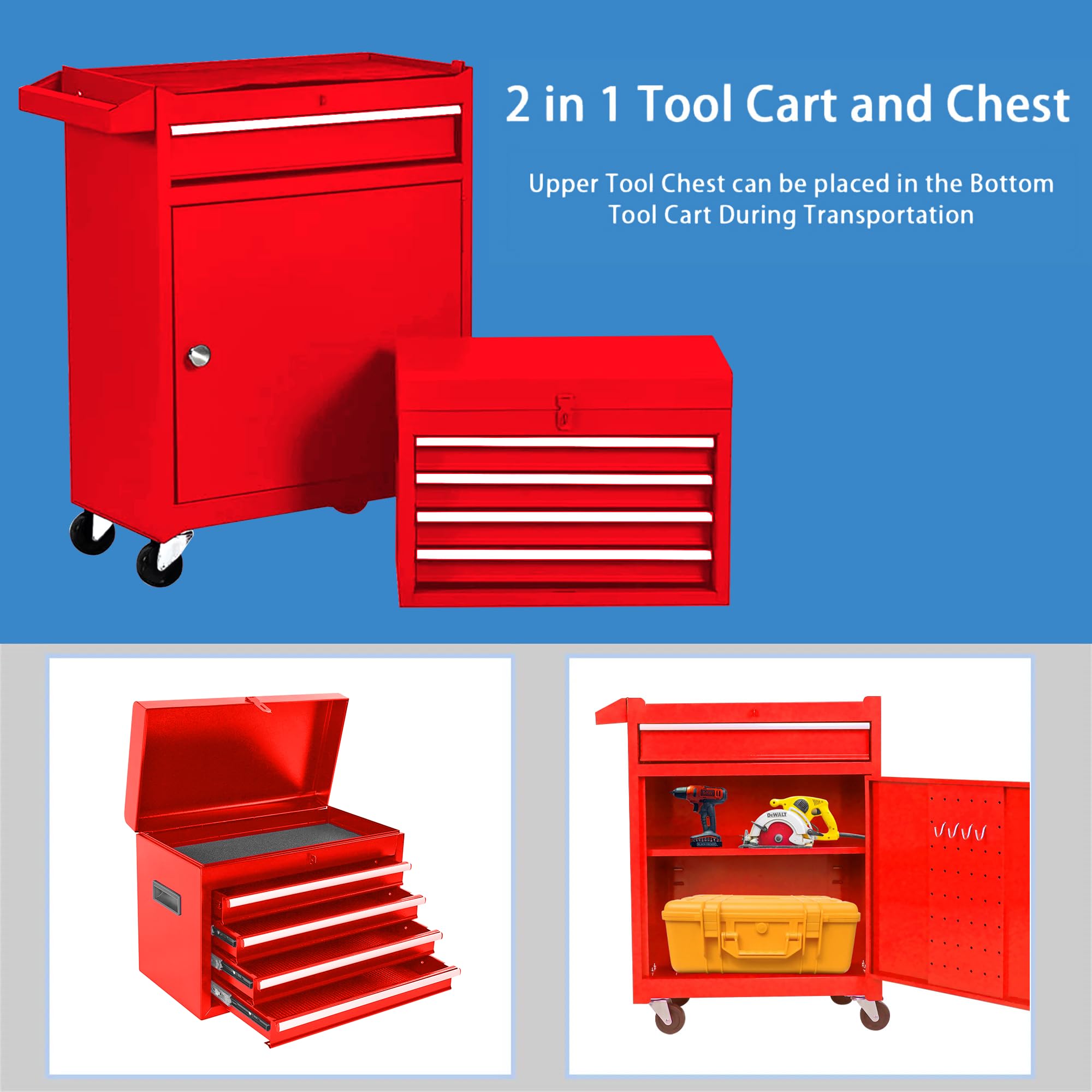5-Drawer Rolling Tool Chest with Wheels & 2 Lockers - Heavy Duty Detachable Tool Cabinet for Garage, Warehouse & Workshop - Red (Ideal for Automotive Repair, DIY Projects & Professional Tool Organization)
