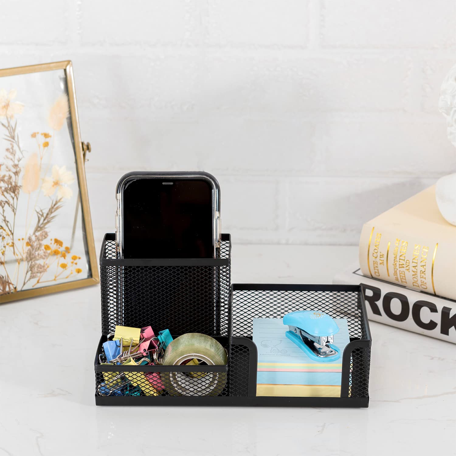 Black Mesh Pen Holder - Large Capacity Multipurpose Desk Organizer with Sticky Notes Holder & 3 Compartments | Includes 4 Non-Slip Mats | Perfect for Office, School & Home Organization | Great for Storing Pens, Pencils, Markers & Office Supplies