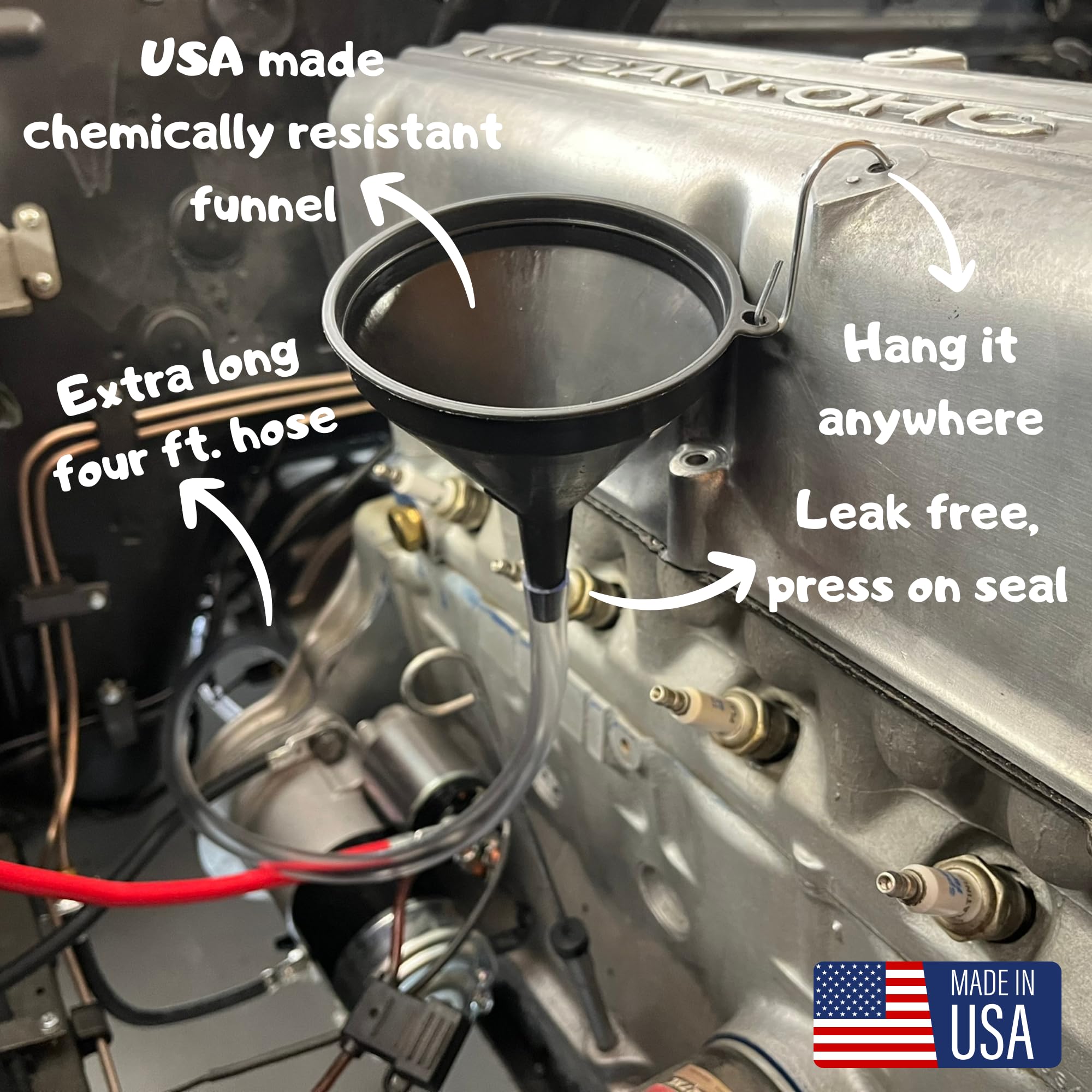 High-Quality Transmission Funnel with 4ft Clear Tubing - Made in USA - Easy Reach for Tight Spaces, No-Spill Design - Ideal for Car Maintenance & DIY Oil Changes