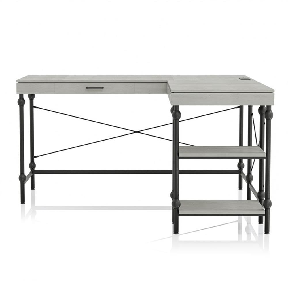 Antique White L-Shaped Wooden Desk by Furniture of America - Home Office Desk with Storage Shelf, Perfect for Small Spaces & Workstations