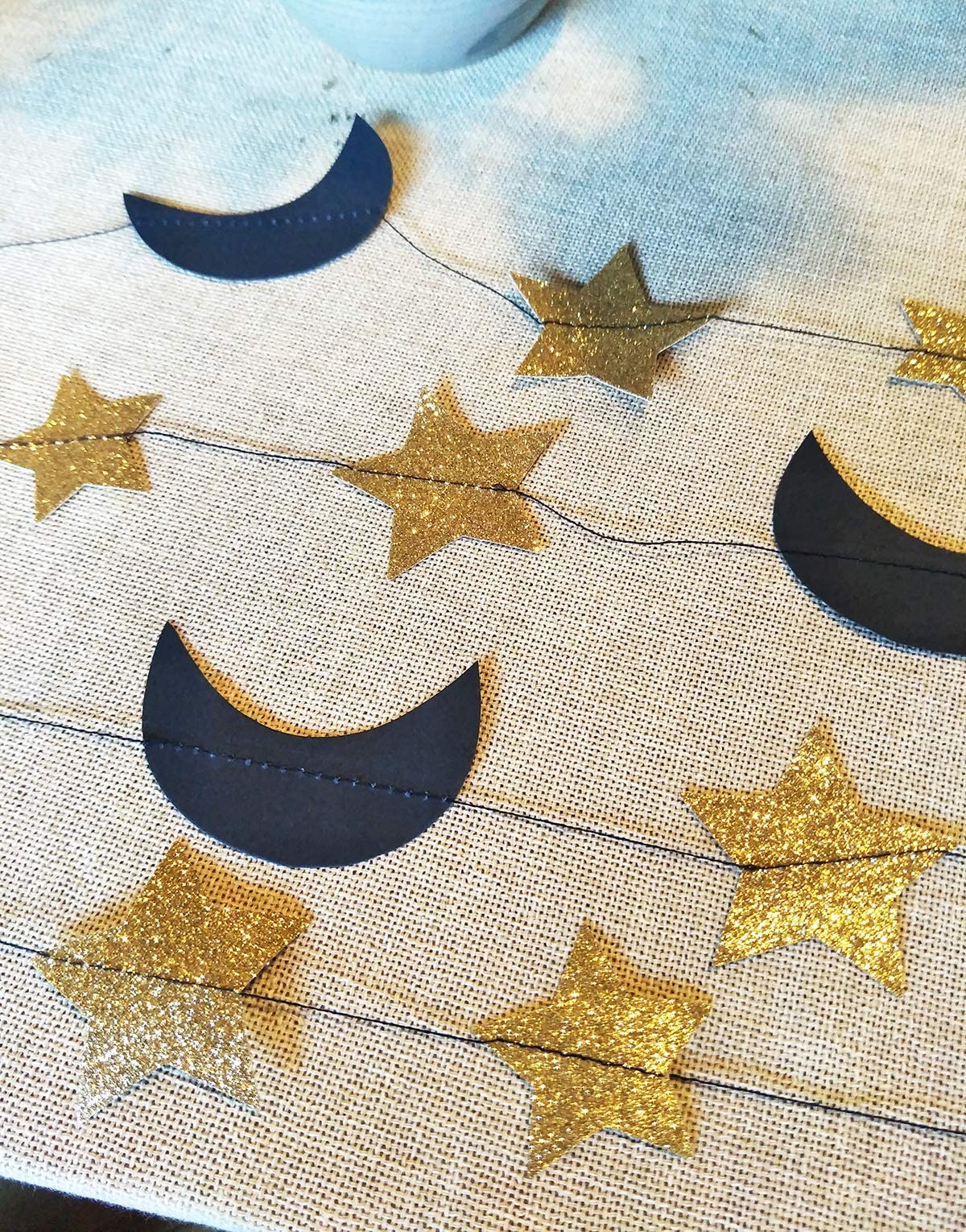Moon and Star Garland Decorations - Navy Gold Glitter Outer Space Themed Party Decor for Weddings, Baby Showers & Birthdays | Perfect for Ceiling, Wall & Backdrop Decorations