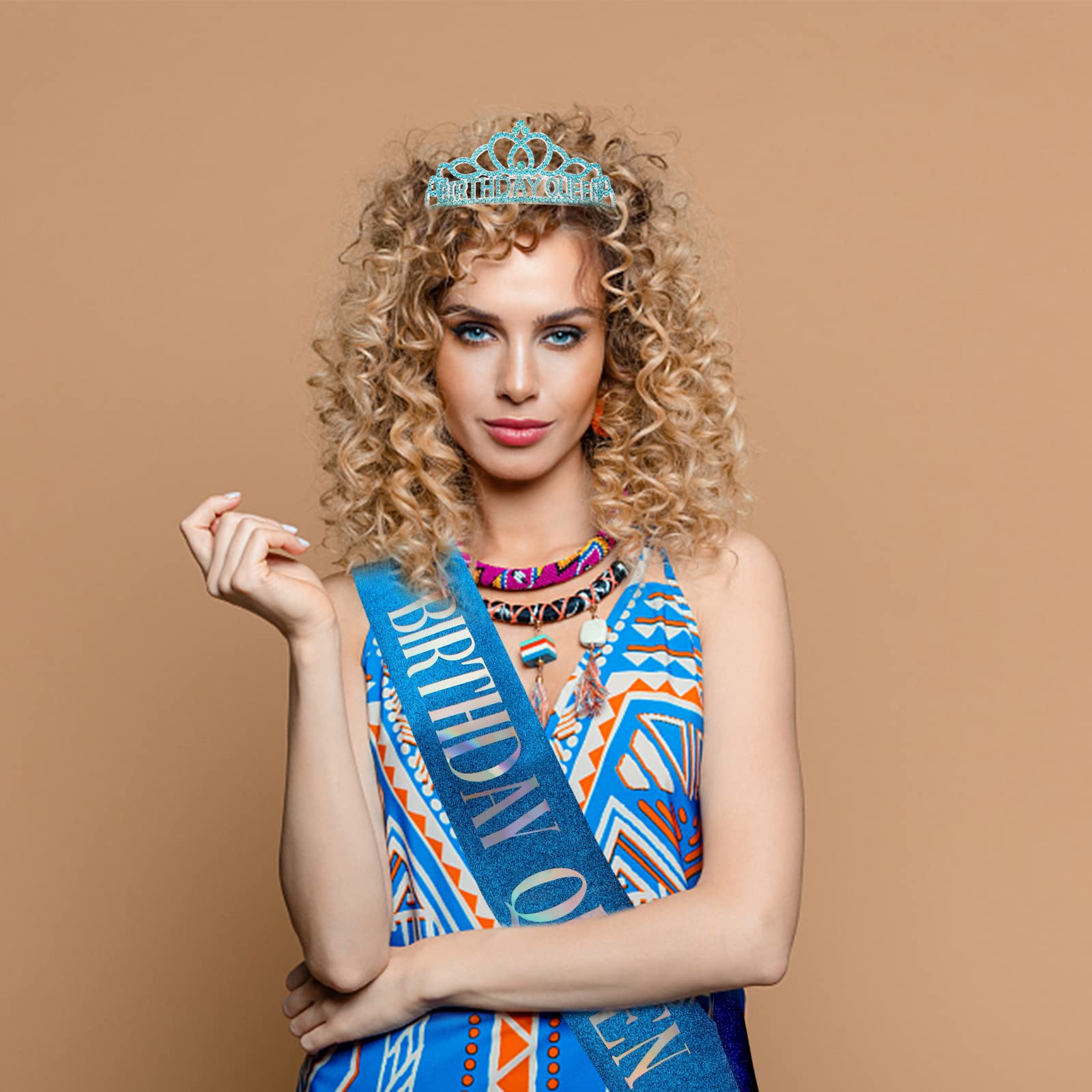 Blue Birthday Crown and Sash Set for Women - Elegant Queen Tiara & Sash for Birthday Party Decorations - Perfect for Birthday Celebrations, Bachelorette Parties & Special Events