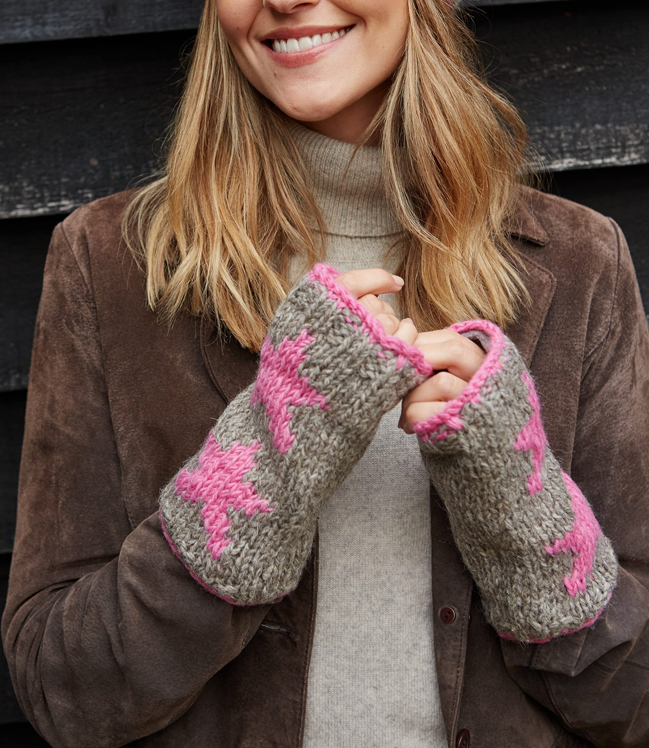 Pachamama Women's Wool Wrist Warmers - Fleece Lined Hand Knitted Star Design - One Size Fits Most - Extra Warm Fair Trade Gloves for Winter, Outdoor Activities & Cold Weather Fashion
