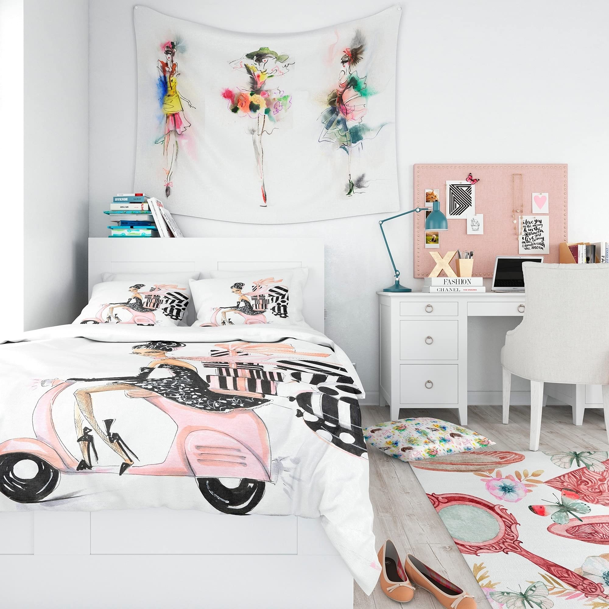 Designart 'Girl with Balloons and Gift Boxes' Glamour Twin Bedding Set - Duvet Cover & 2 Pillow Shams (Comforter Not Included) | Whimsical Teen Girl Room Decor, Birthday Gift Idea for Girls