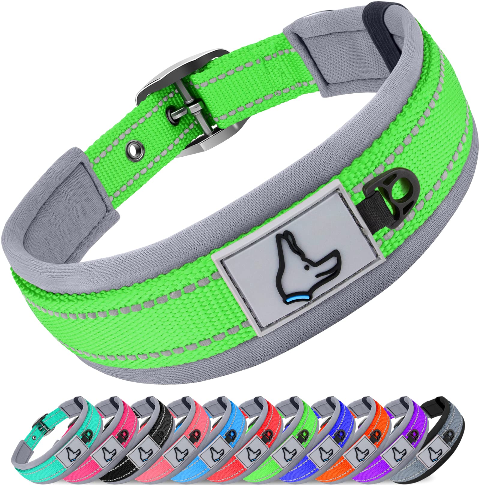 Joytale Adjustable Neoprene Padded Dog Collar for Medium Dogs - Reflective Heavy Duty Pet Collar with Durable Metal Buckle - Perfect for Walking, Training & Outdoor Adventures (Green, Medium)