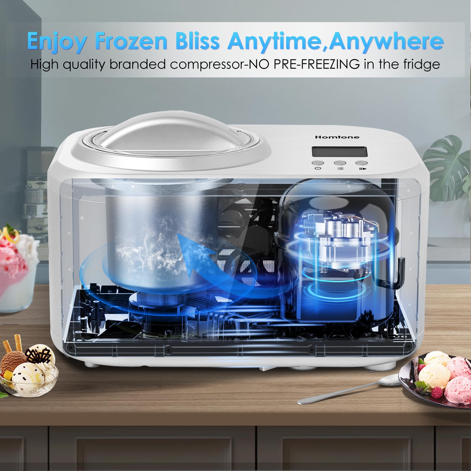 Homtone 1 Quart Automatic Ice Cream Maker with Built-in Compressor & LCD Timer - Make Ice Cream, Gelato, Frozen Yogurt in 30-60 Minutes | No Pre-Freezing Needed | Perfect for Home Kitchens, Parties & Dessert Shops
