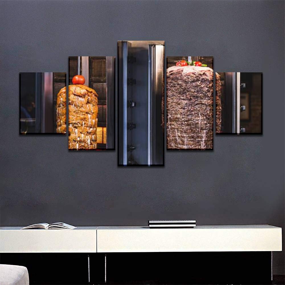 Skipvelo 5-Panel Wall Art Canvas Print - Turkish Doner Kebab BBQ Meat Restaurant Scene in Istanbul - Stretched & Framed Ready to Hang Wall Decor - Perfect for Kitchen, Dining Room or Mediterranean-Themed Home Decor