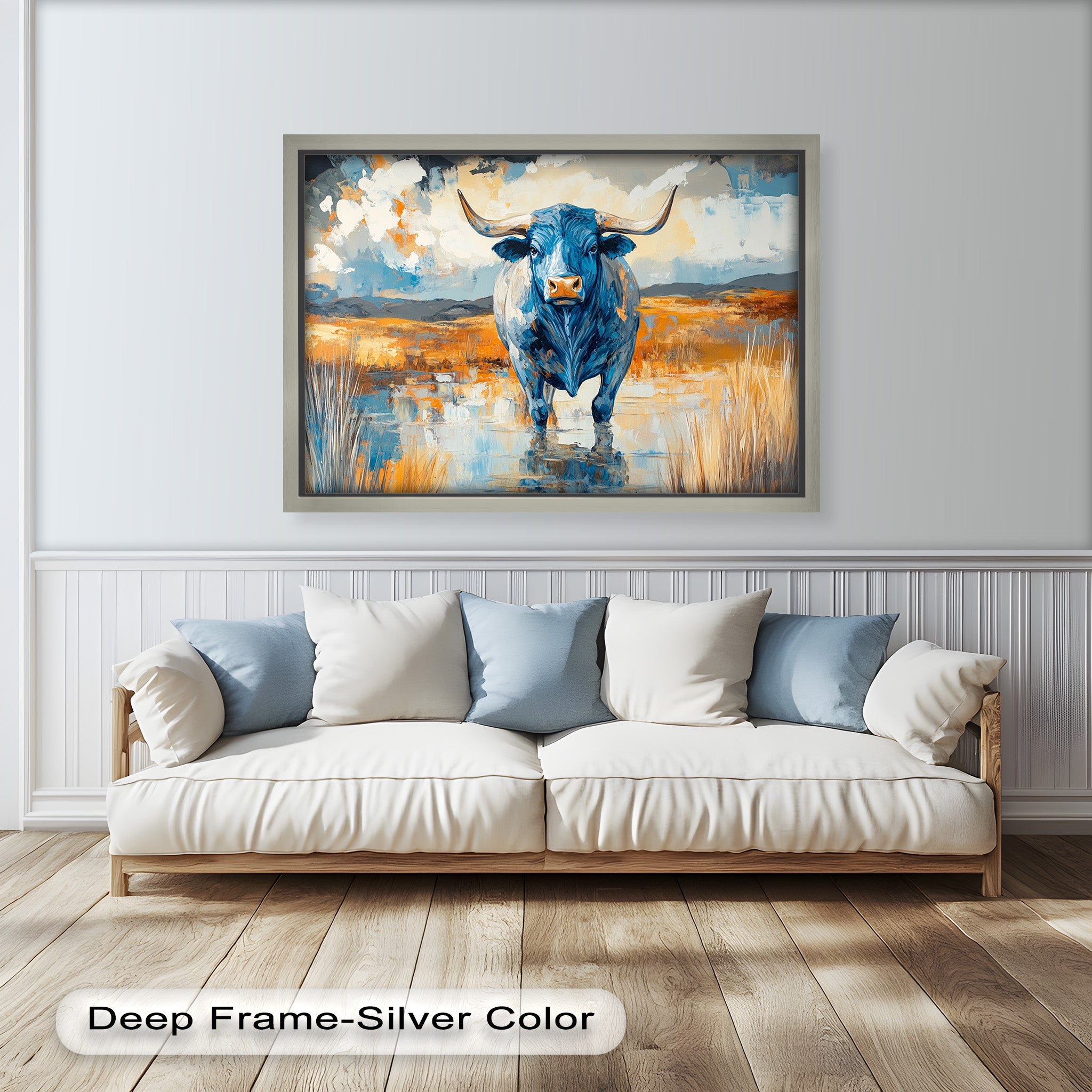 Blue Desert Bull - Hand Painted Animal Oil Canvas Artwork | Western Wildlife Decor for Living Room, Bedroom & Office