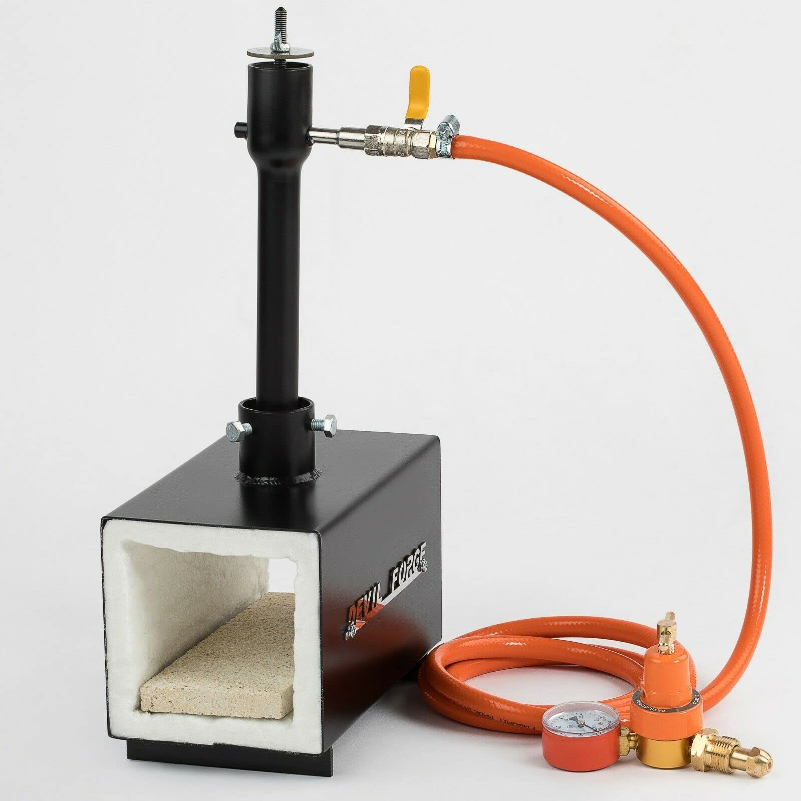 DEVIL-FORGE DFPROF1b Propane Gas Forge - 80,000 BTU Single Burner with Gas Ball Valve & Air Choke for Knife Making, Blacksmithing, Farrier Work - Reaches 2500°F/1370°C - Perfect for Metalworking, Jewelry Crafting & DIY Projects