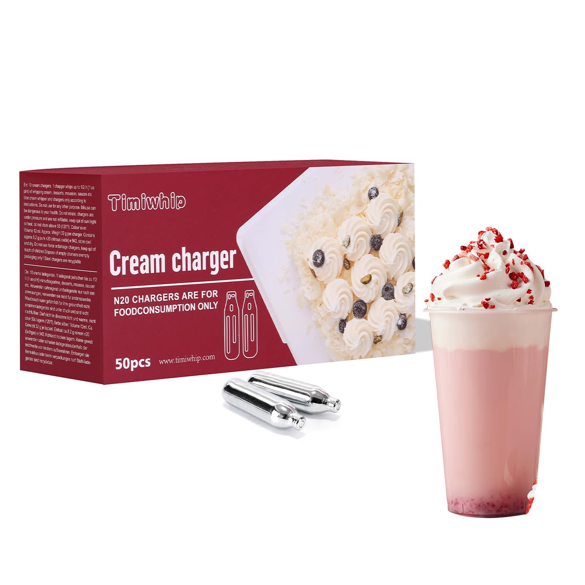 Premium 8g Nitrous Oxide (N2O) Whipped Cream Chargers - 50 Pack | Food Grade Whippets for Professional Desserts, Coffee Toppings & Home Baking