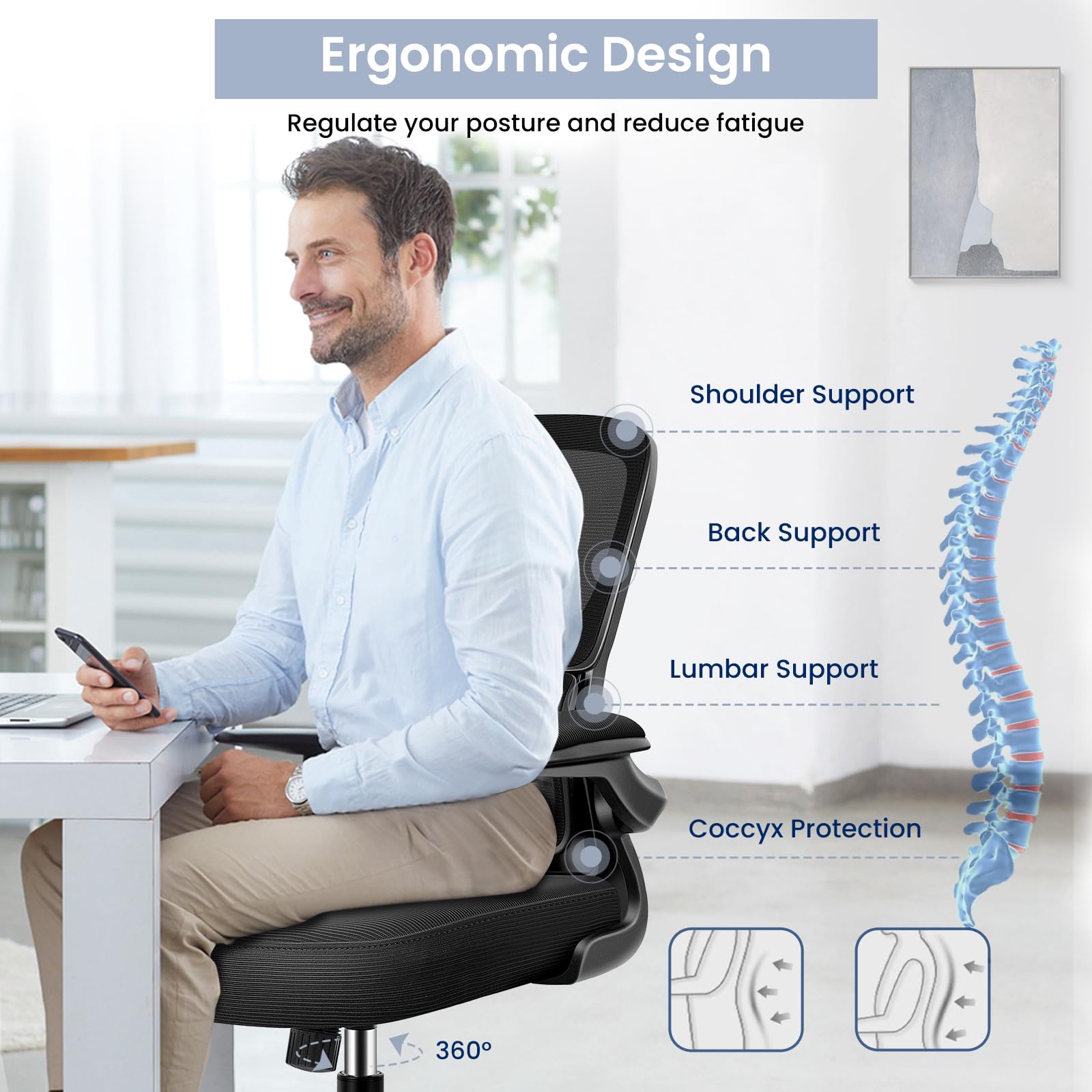 Ergonomic Office Chair with Lumbar Support - Adjustable Mesh Desk Chair for Home & Office - Breathable Mid Back Computer Chair with Reclining Function - Perfect for Long Work Hours & Gaming Sessions - Black