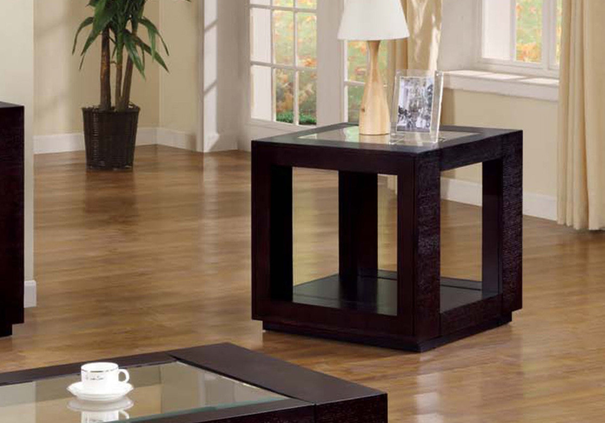 Elegant Espresso Veneer Accent Table with Glass Insert - Perfect for Living Room, Bedroom, or Office Decor