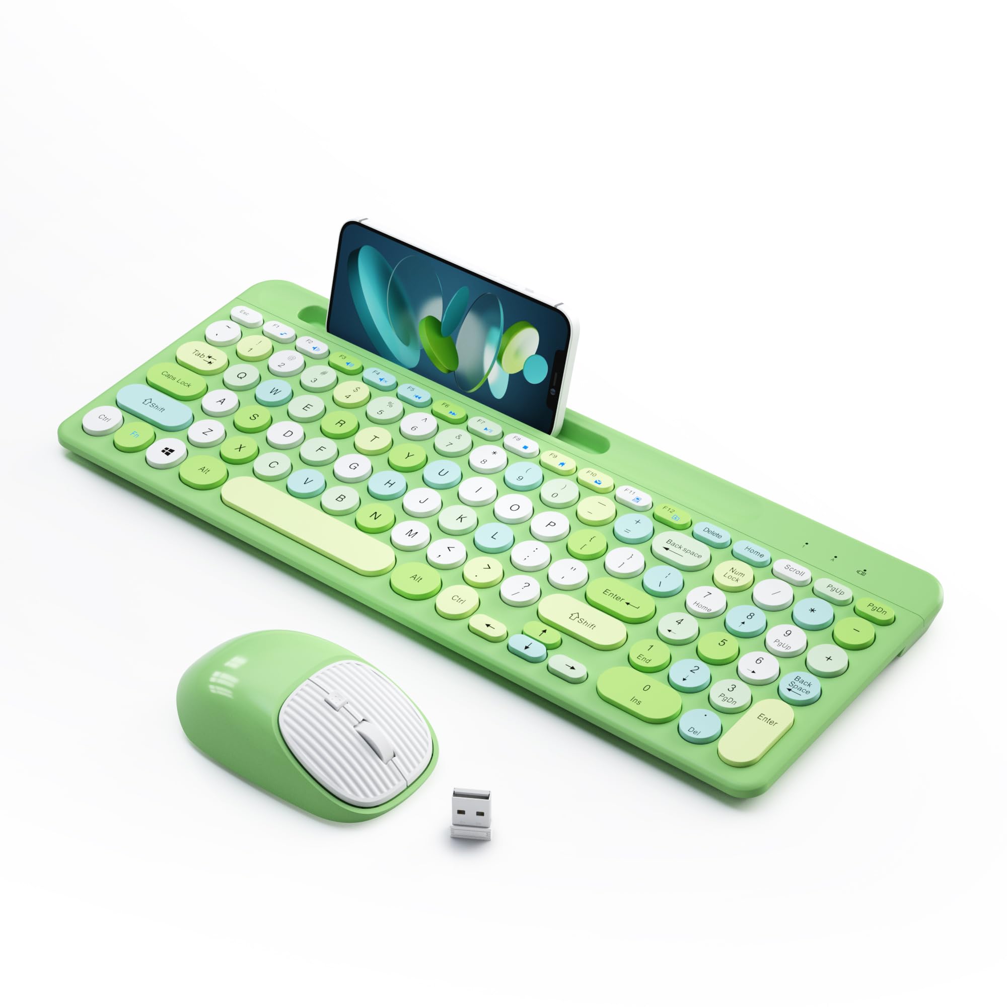 Retro Wireless Keyboard and Mouse Combo with Round Keycaps, 2.4GHz Full-Size USB Cute Green-Colorful Set for Computer, Desktop, Laptop, Home Office, and Gaming