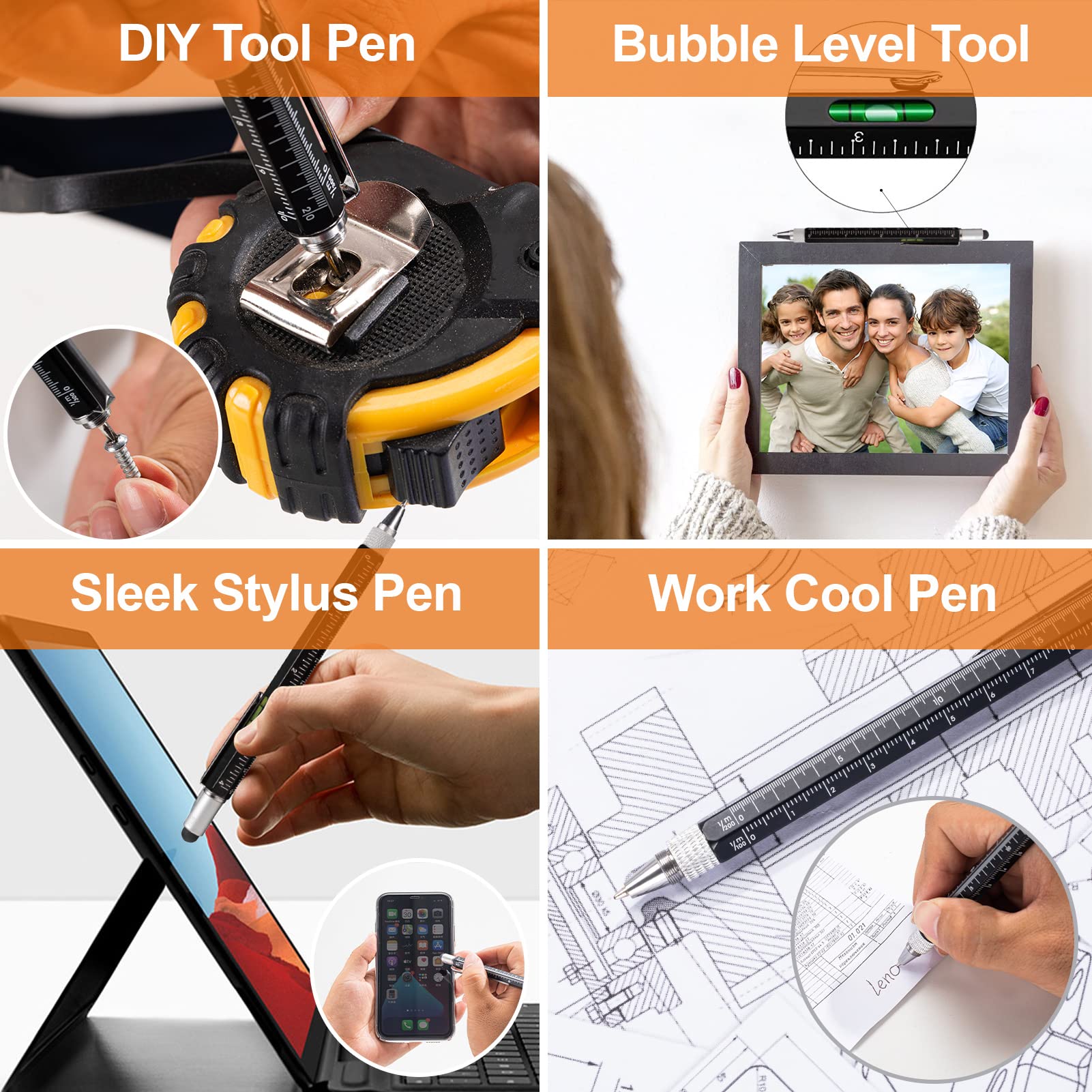 6-in-1 Magnetic Pickup Tool & Multitool Pen with Stylus - Includes Ruler, Bubble Level, Screwdrivers & Ballpoint Pen - Perfect Gift for Men, Husband, Boyfriend (2 Pack) - Great for DIY Projects, Office Work & Everyday Carry