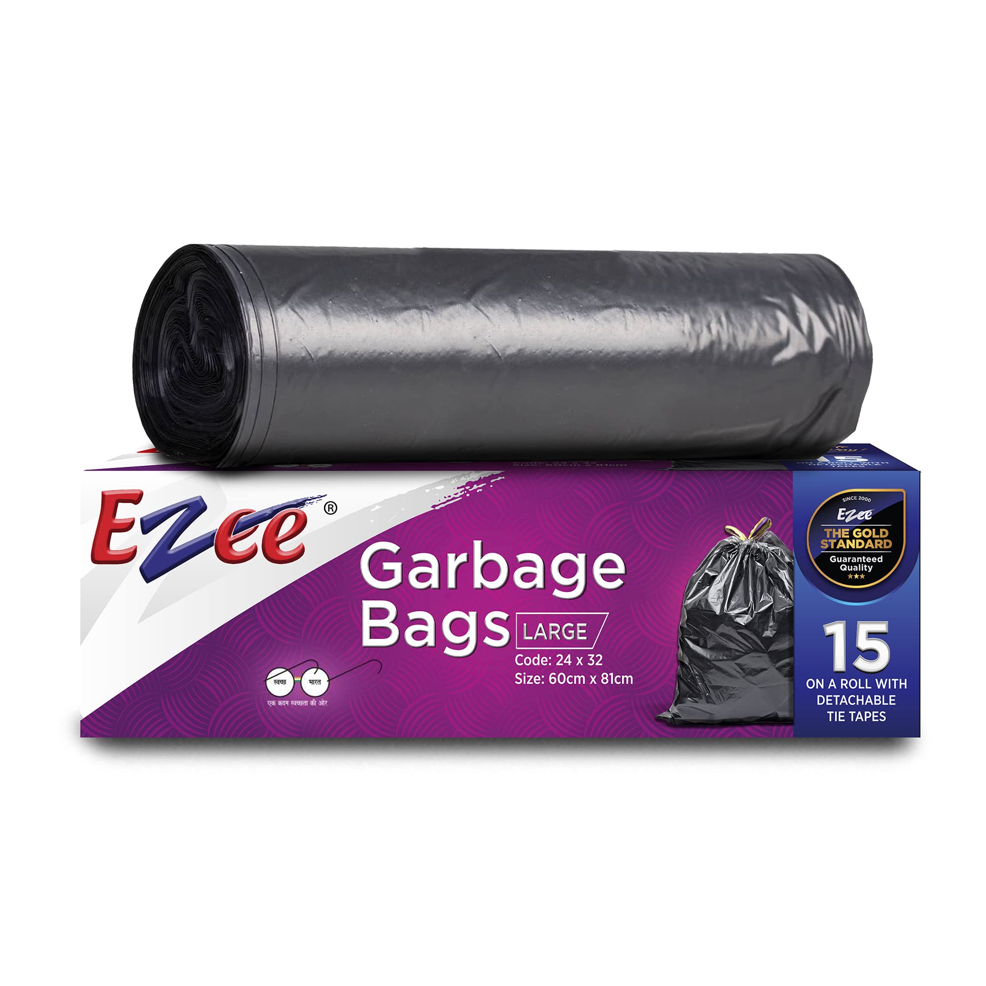 Ezee Heavy Duty Trash Bags 30 Count - 24x32 Inch Large Disposable Plastic Garbage Bags for Kitchen, Office & Outdoor Use - Pack of 2 (15 Bags Each)