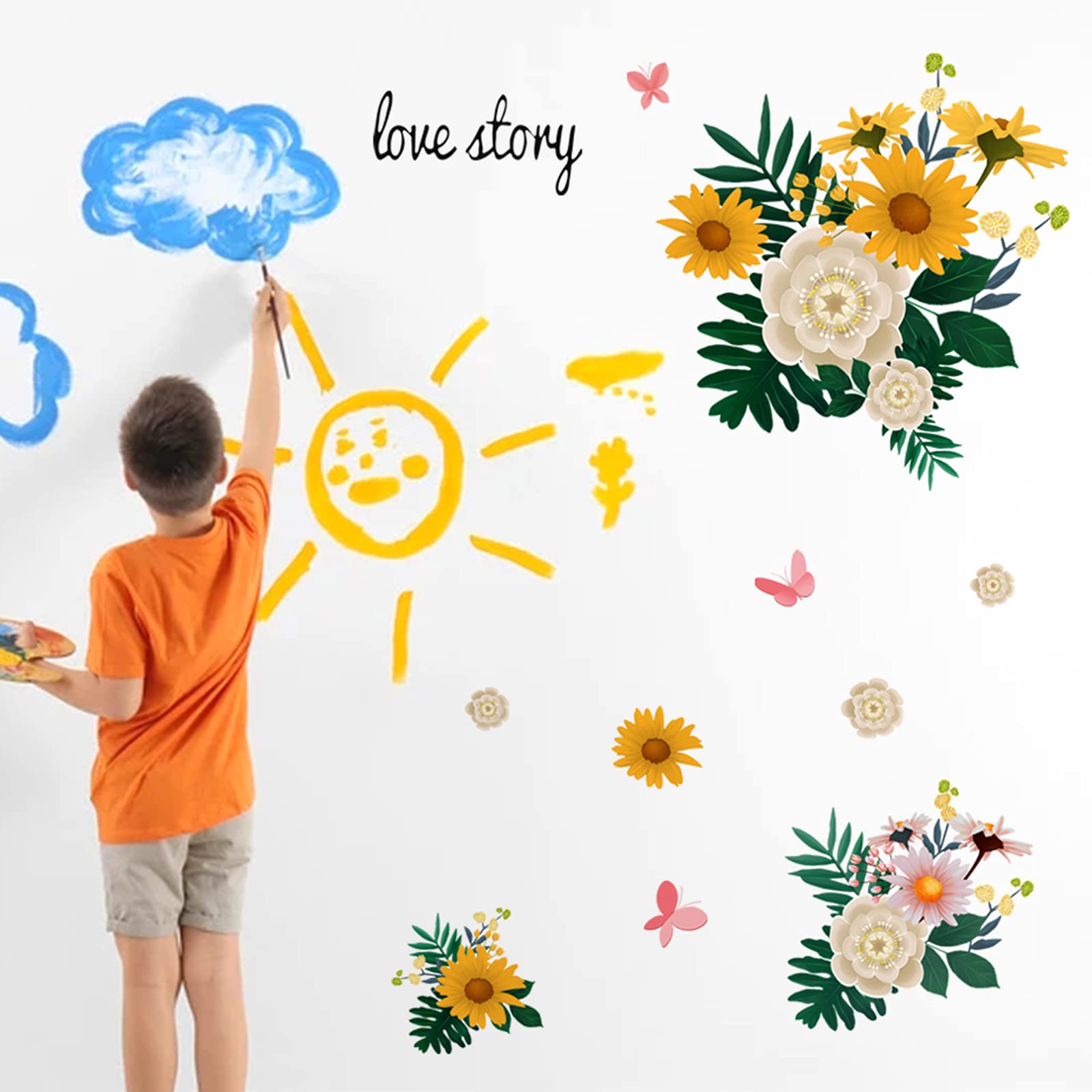 Yellow Daisy Floral Wall Decals with Butterflies & Green Leaves - Removable DIY Wall Stickers for Home Decor | Perfect for Bedroom, Nursery & TV Wall Art | Easy Peel-and-Stick Wallpaper Alternative