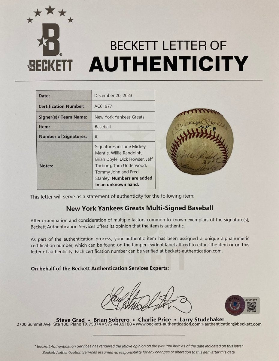 Authentic New York Yankees Signed Official AL Baseball - Mickey Mantle & More (BAS AC61977) - Perfect for Sports Memorabilia Collectors & Yankees Fans