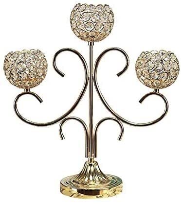 Luxury Gold 3-Arm Crystal Candelabra - Elegant Candle Holders for Tea Lights, Dinner Table Decor, and Home Centerpiece (Golden) - Perfect for Weddings, Parties, and Romantic Ambiance
