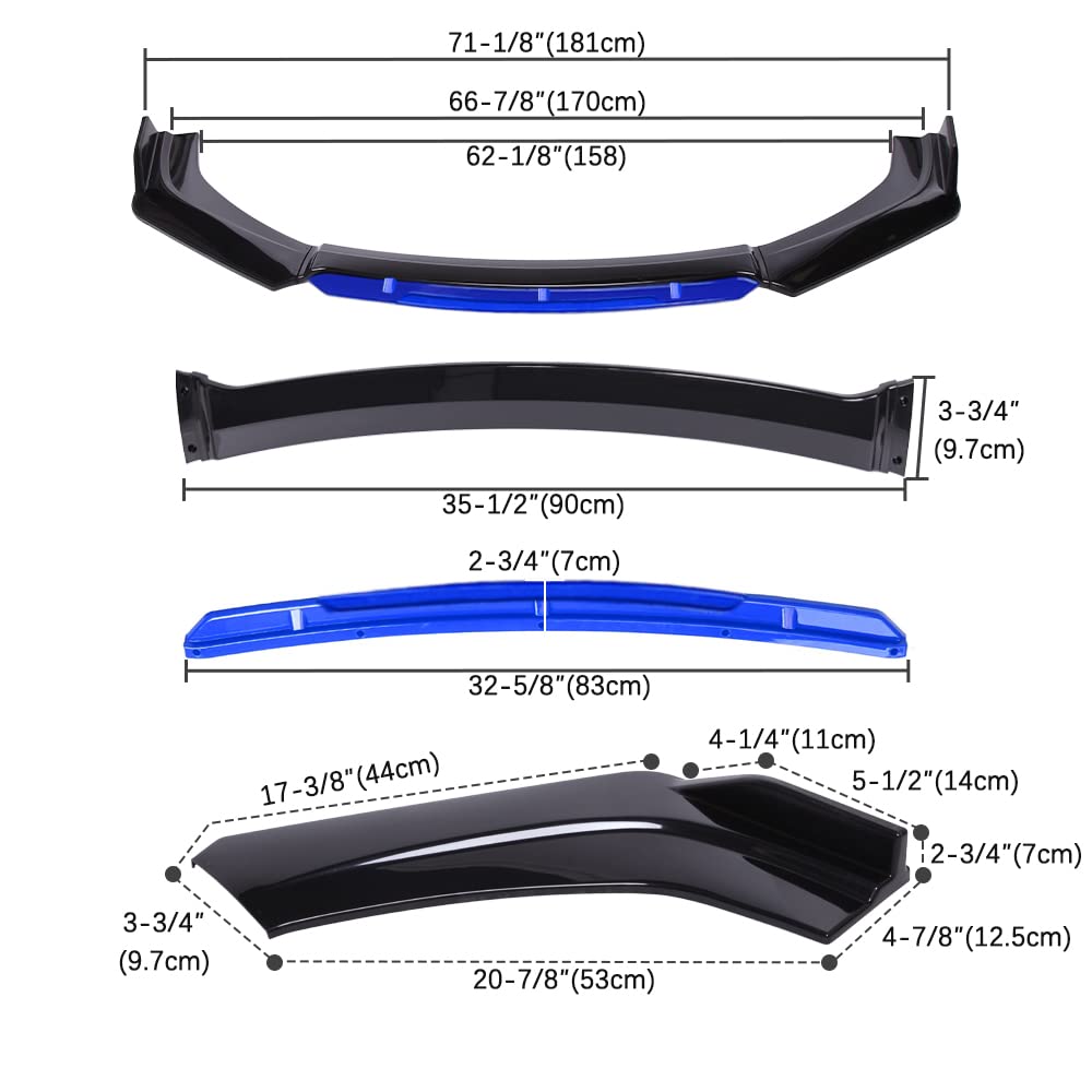 Universal Front Bumper Lip Protector & Rear Diffuser with Side Skirts - Gloss Black & Blue Tongue Car Splitter Spoiler Body Kit (29.3