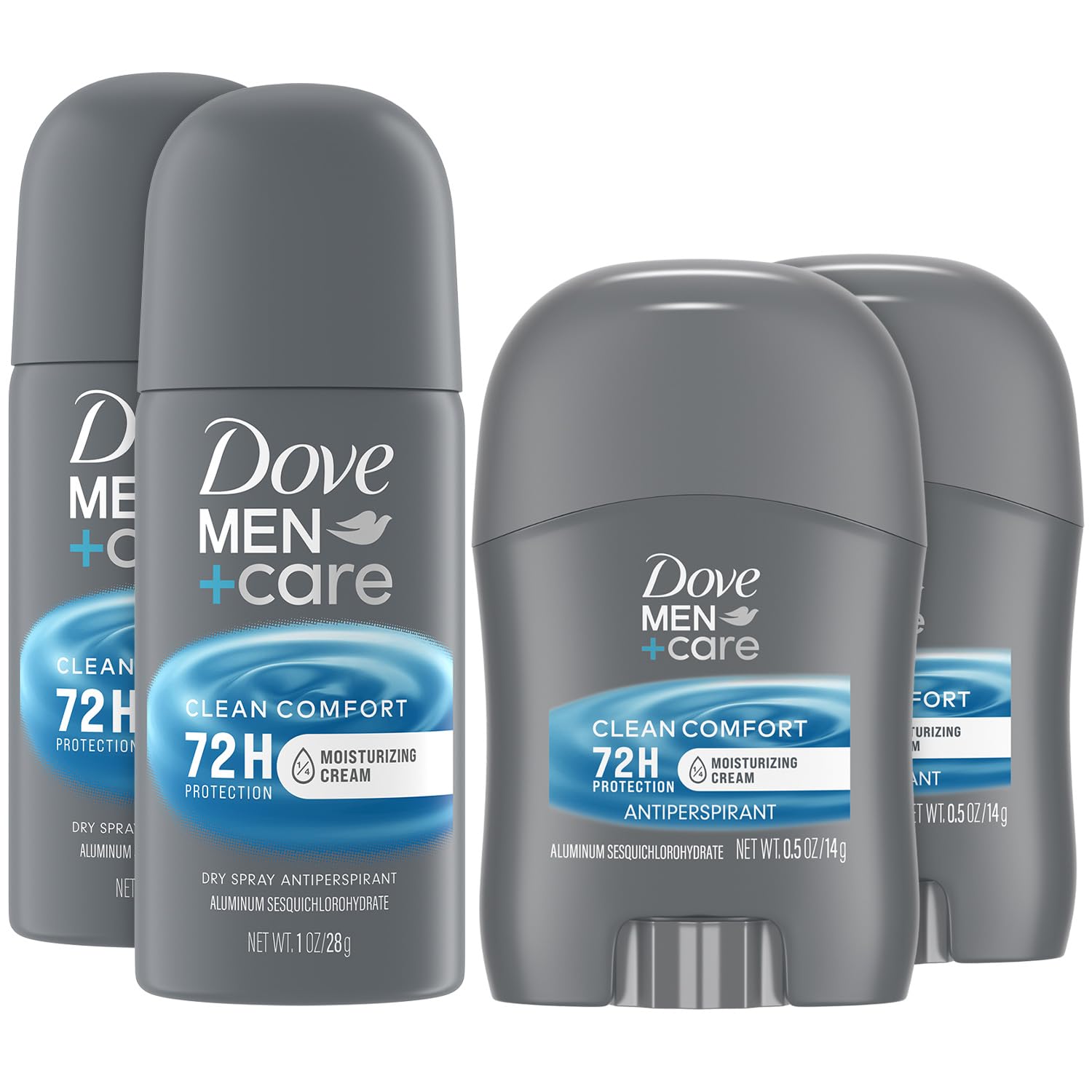 Dove Men+Care Clean Comfort Travel Antiperspirant Deodorant Set - 72 Hour Protection, 4-Piece (Spray + Stick) for Active Men - Gym, Work, Travel & Everyday Freshness