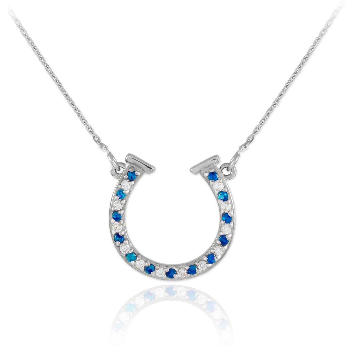 14K White Gold Blue & Clear Cubic Zirconia Horseshoe Necklace for Good Luck - Adjustable Chain Length (16