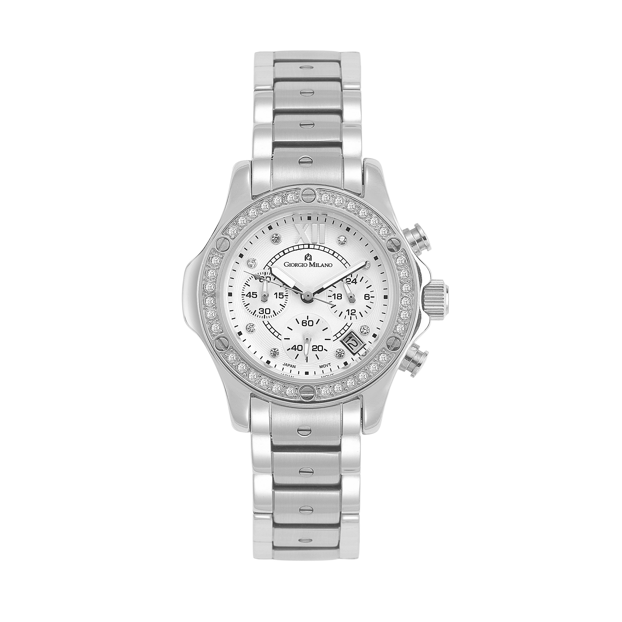 Giorgio Milano Women's Gold-Tone Stainless Steel Watch 'Clara' - Round Case with Crystal Stones, Roman Numeral Dial, Date Window & 3 Subdials - Elegant Dress Watch for Office, Party & Special Occasions