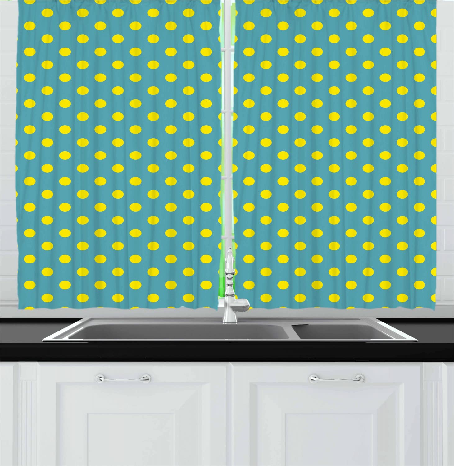 Ambesonne Vintage Polka Dot Kitchen Curtains - Long Teal & Yellow Drapes with Rod Pocket, 55