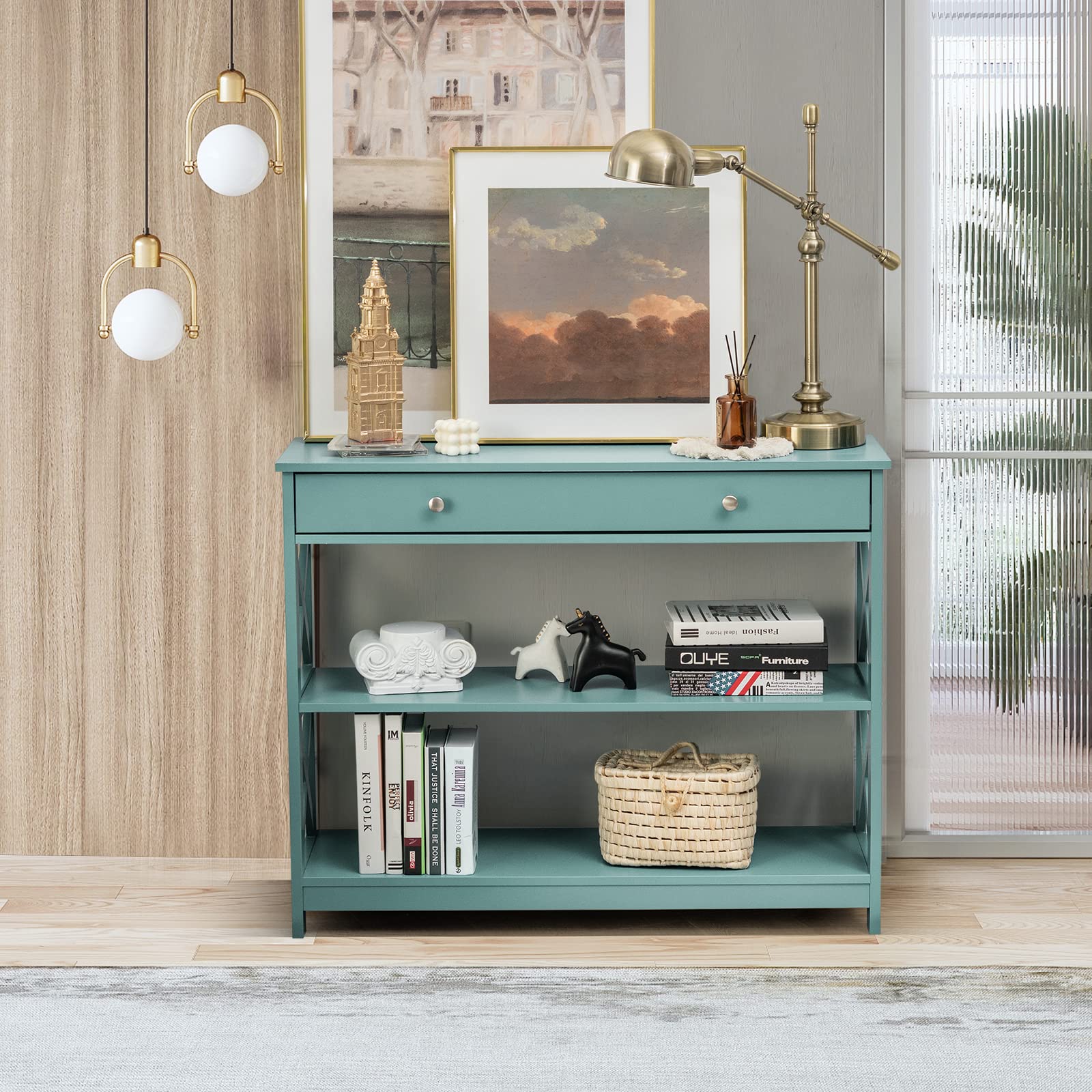 Giantex 3-Tier Console Table with Drawer & Storage Shelves - X-Design Entryway Sofa Table for Hallway, Living Room & Bedroom - Blue - Perfect for Small Space Organization & Home Decor