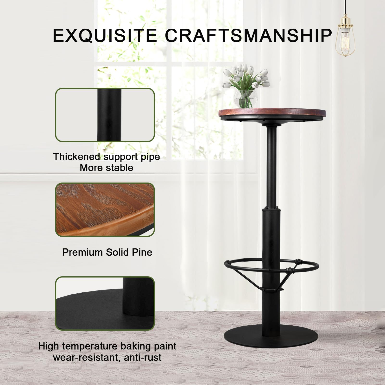 Vintage Industrial High Top Pub Table Set with 2 Chairs - 3 Piece Rustic Bar Table & Stools for Kitchen, Office, Patio - Swivel & Height Adjustable - Perfect for Dining, Entertaining & Small Spaces
