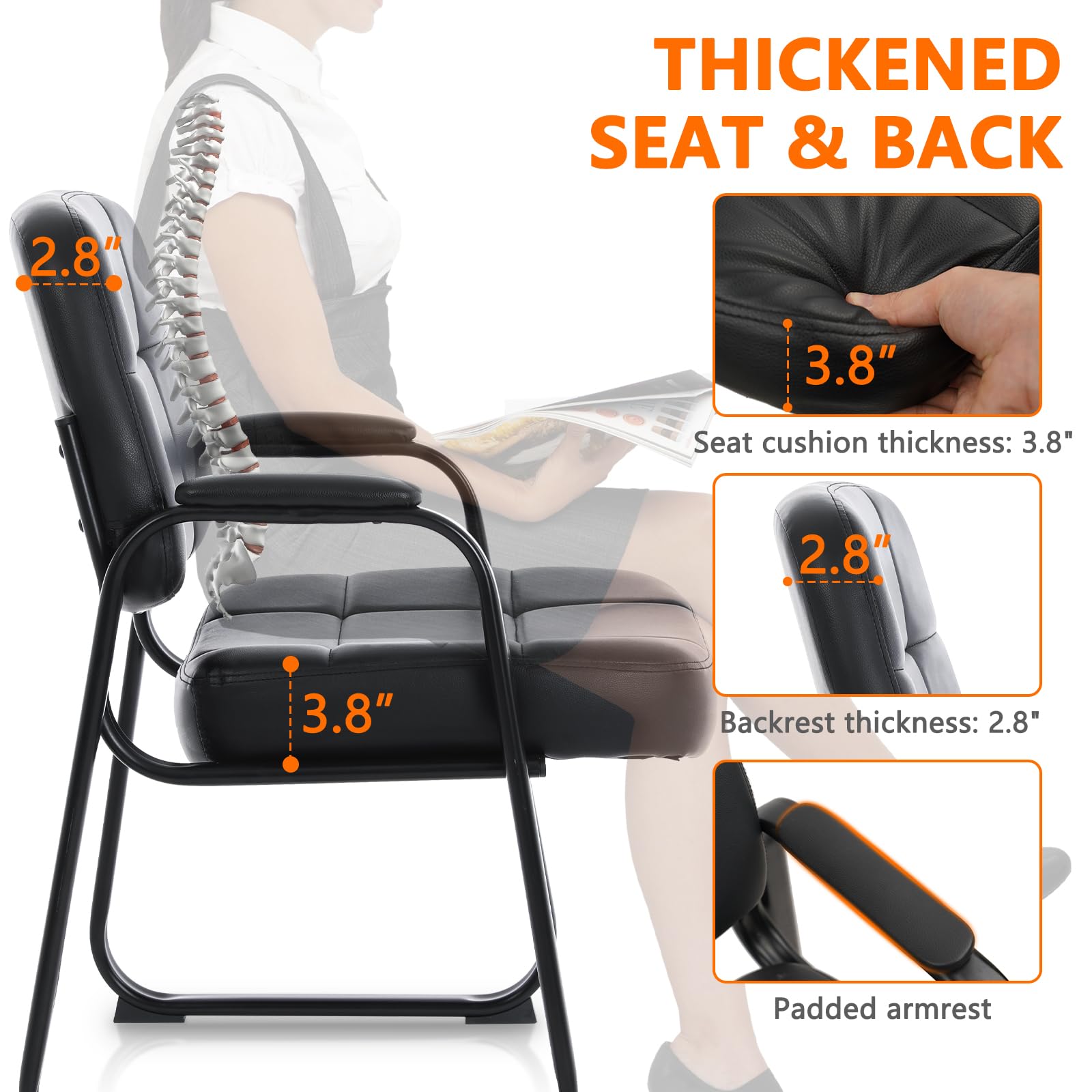 CLATINA Big & Tall Office Chair - Bonded Leather Padded Armrests & Sled Base - Waiting Room Guest Chair for Reception Lobby, Conference Desk & Home Office - Ergonomic Comfort for Professionals - Black