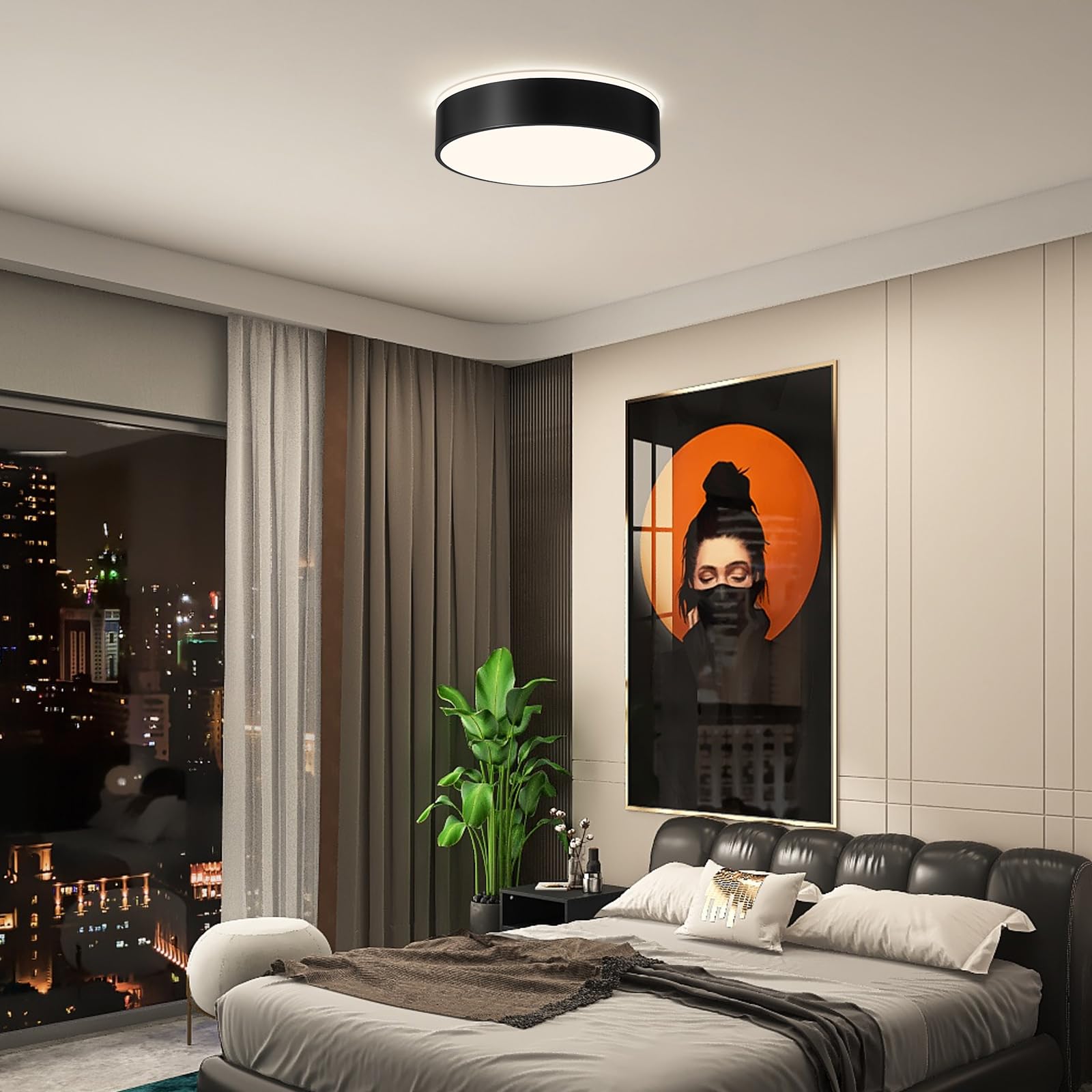 Vikaey 15.74 Inch Black LED Ceiling Light Fixture - Modern Flush Mount Round Metal Lighting for Living Room, Bedroom, Kitchen & Entryway | Energy-Efficient Dimmable Ambient Lighting for Home & Office Spaces