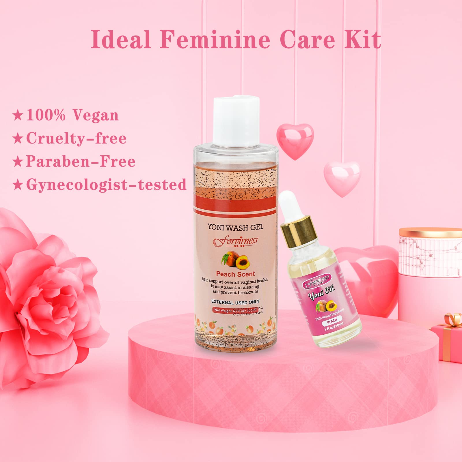 Natural Feminine Wash & Yoni Oil Set for Women – pH Balanced Vaginal Wash with Cleansing Formula, 1 fl.oz Peach Feminine Oil & 6.7 fl.oz Intimate Wash – Gentle Care for Daily Hygiene & Intimate Wellness