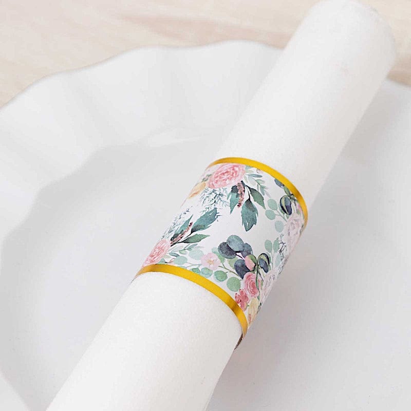 50 Pack Floral Print Disposable Paper Napkin Rings for Weddings, Parties, and Elegant Table Settings
