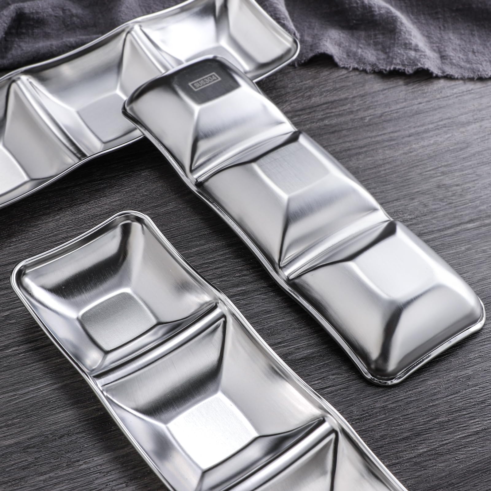 6-Piece Stainless Steel Divided Sauce Bowls - 3 Compartment Dipping Dishes for Soy Sauce, Ketchup, Seasoning - Perfect for Sushi, Dumplings, Hot Pot & Asian Cuisine