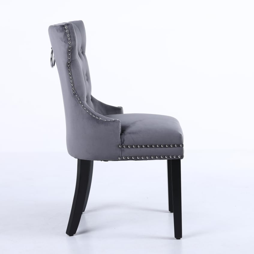 Luxury Grey Velvet Dining Chairs Set of 2 - Upholstered High Back Kitchen & Dining Room Chairs with Ring and Studs Design for Elegant Home Decor, Dinner Parties & Formal Entertaining
