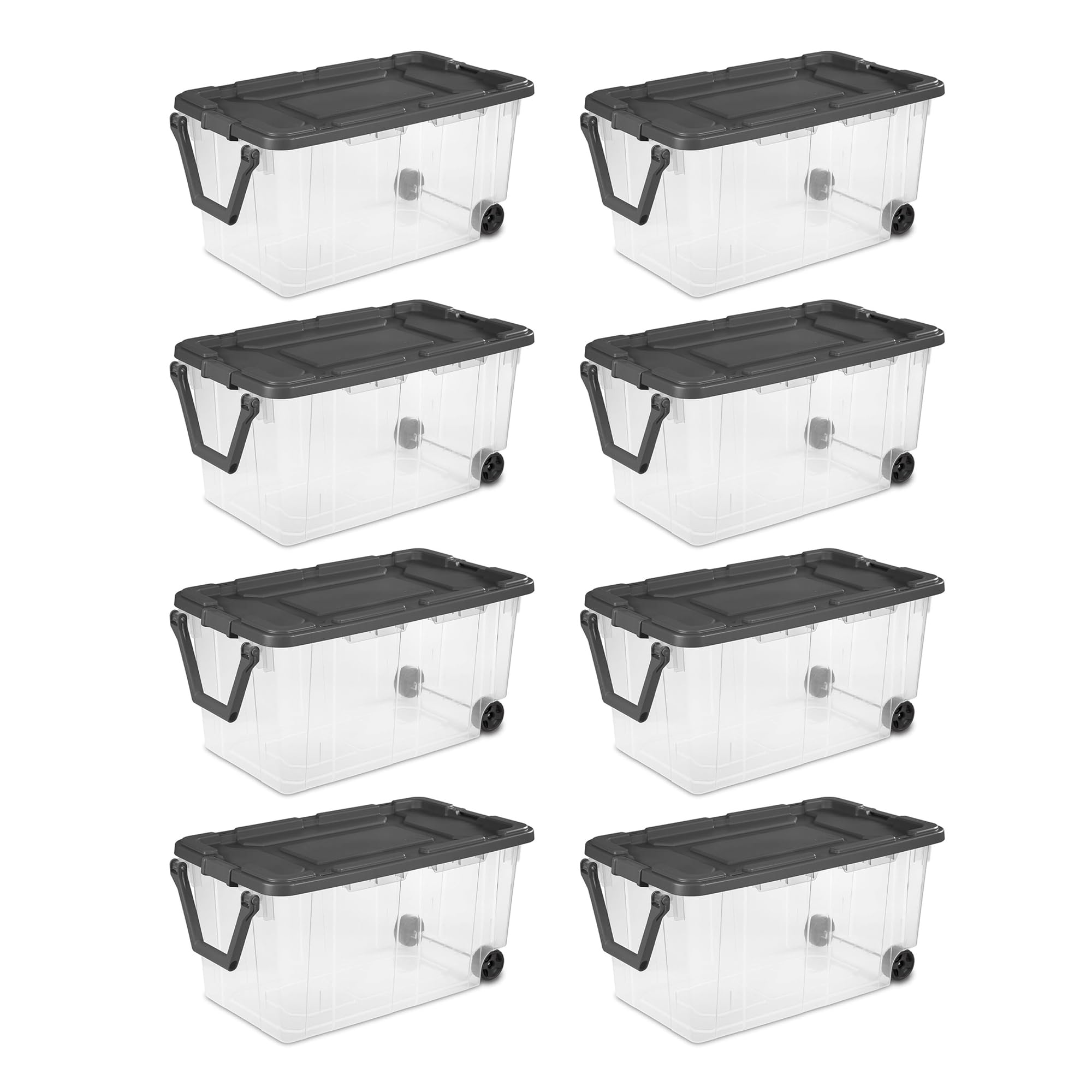 Sterilite 8-Pack 160 Qt Stackable Storage Bins with Latching Lids & Wheels, Gray - Perfect for Home Organization, Garage Storage & Moving Supplies