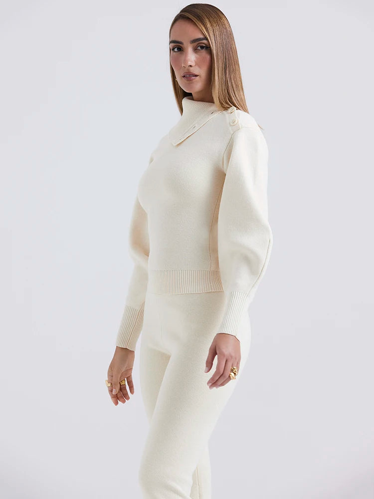 Women's Autumn Winter Fashion Sweater Set - Polo Neck Long Sleeve Top & Slim Elastic Pants 2 Piece Outfit for Casual Streetwear & Office Wear
