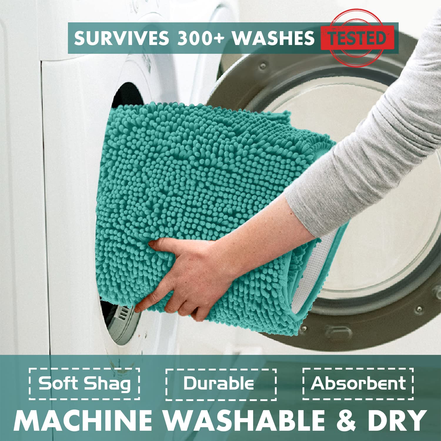 Ultra Soft Chenille Plush Bath Rugs - Non Slip Microfiber Floor Mats for Bathroom, Kitchen, Entryway & Living Room - 30x20 Inches Turquoise - Perfect for Cozy Home Decor & High Traffic Areas