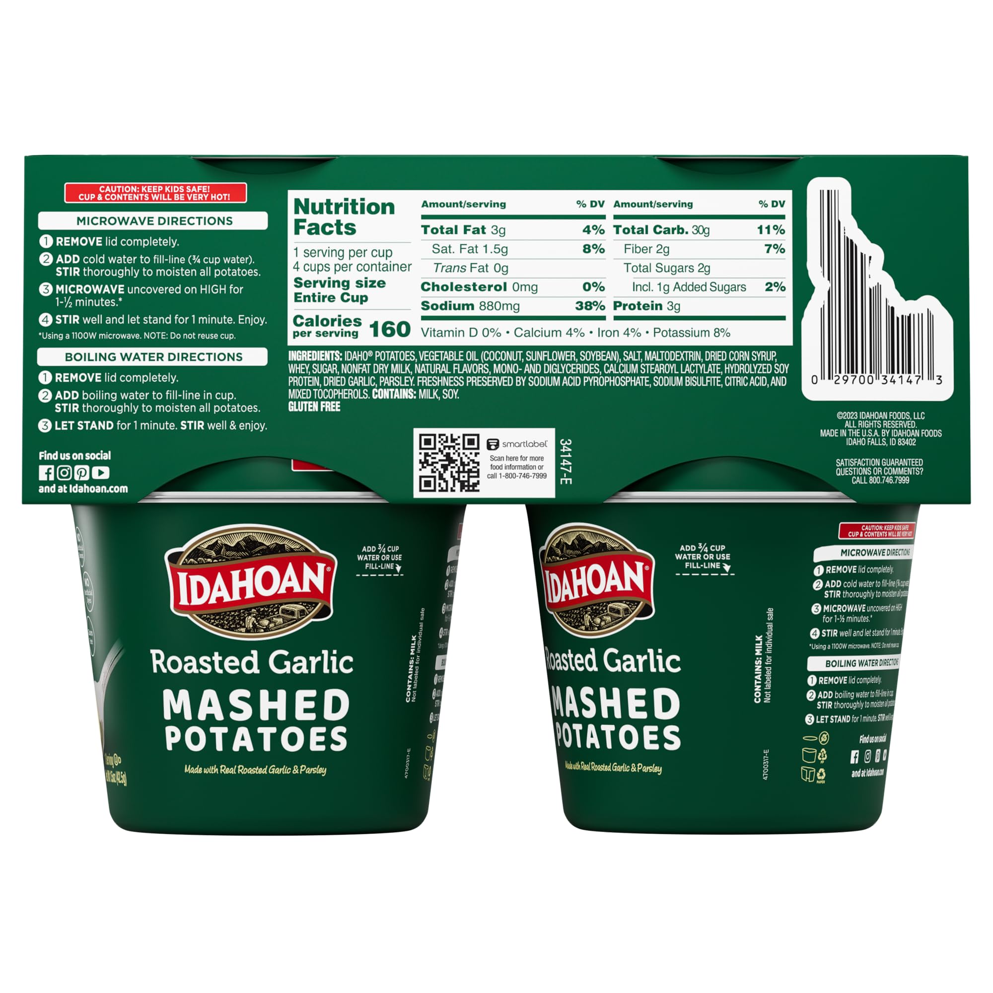 Idahoan Roasted Garlic Instant Mashed Potatoes 1.5 oz Cup (24 Count) - Quick & Easy Side Dish for Camping, Dorm Meals & Emergency Food Supply