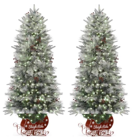 GARVEE 4.5 Ft Pre-Lit Snow Flocked Artificial Christmas Tree with Sleigh Ride Base - 200 LED Lights & 12 Ball Ornaments - Small Xmas Tree for Home, Office, Living Room, Bedroom, Holiday Decor